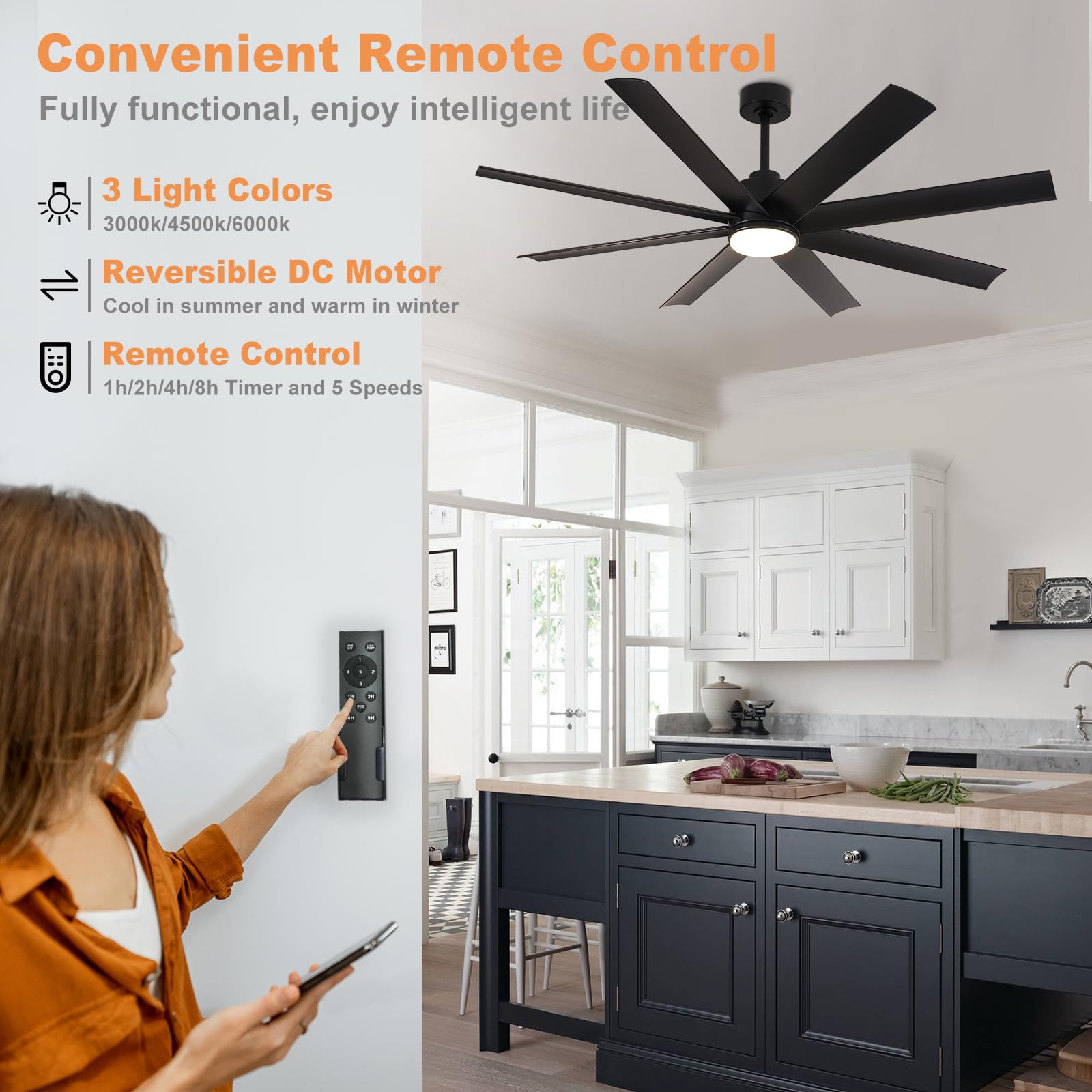 Depuley 60 Inch Black Ceiling Fan with Lights and Remote Control - 3 Color Temperature Dimmable LED, 8 Blades, 5-Speed Reversible DC Motor - Perfect for Office, Living Room, Bedroom and Covered Patios