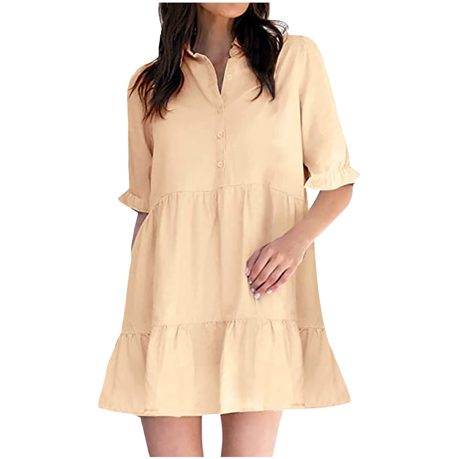 QIFEILA Women's Summer Casual Dress 2022 - Ruffled Solid Color Elegant Sleeveless Dress (Beige, S) | Perfect for Beach Vacations, Date Nights & Summer Outings