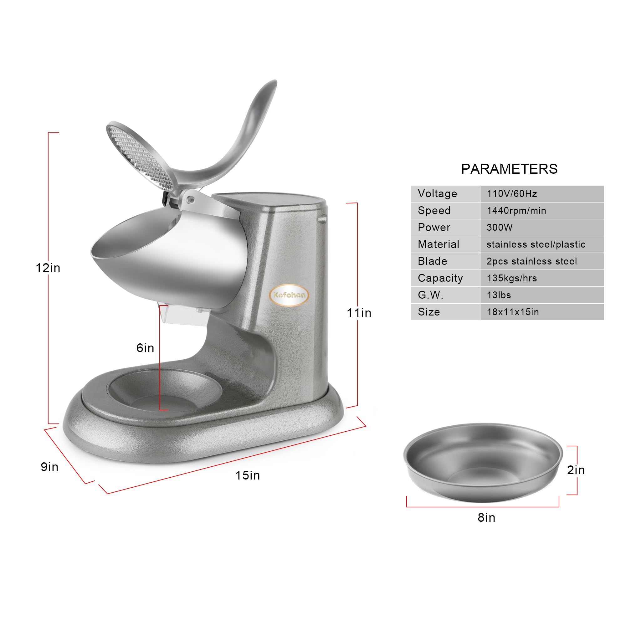 Electric Ice Crusher Machine - Dual Stainless Steel Blades, 300W Powerful Motor (300lbs/hr) for Home & Commercial Use - Perfect for Snow Cones, Cocktails, Slushies & Party Drinks