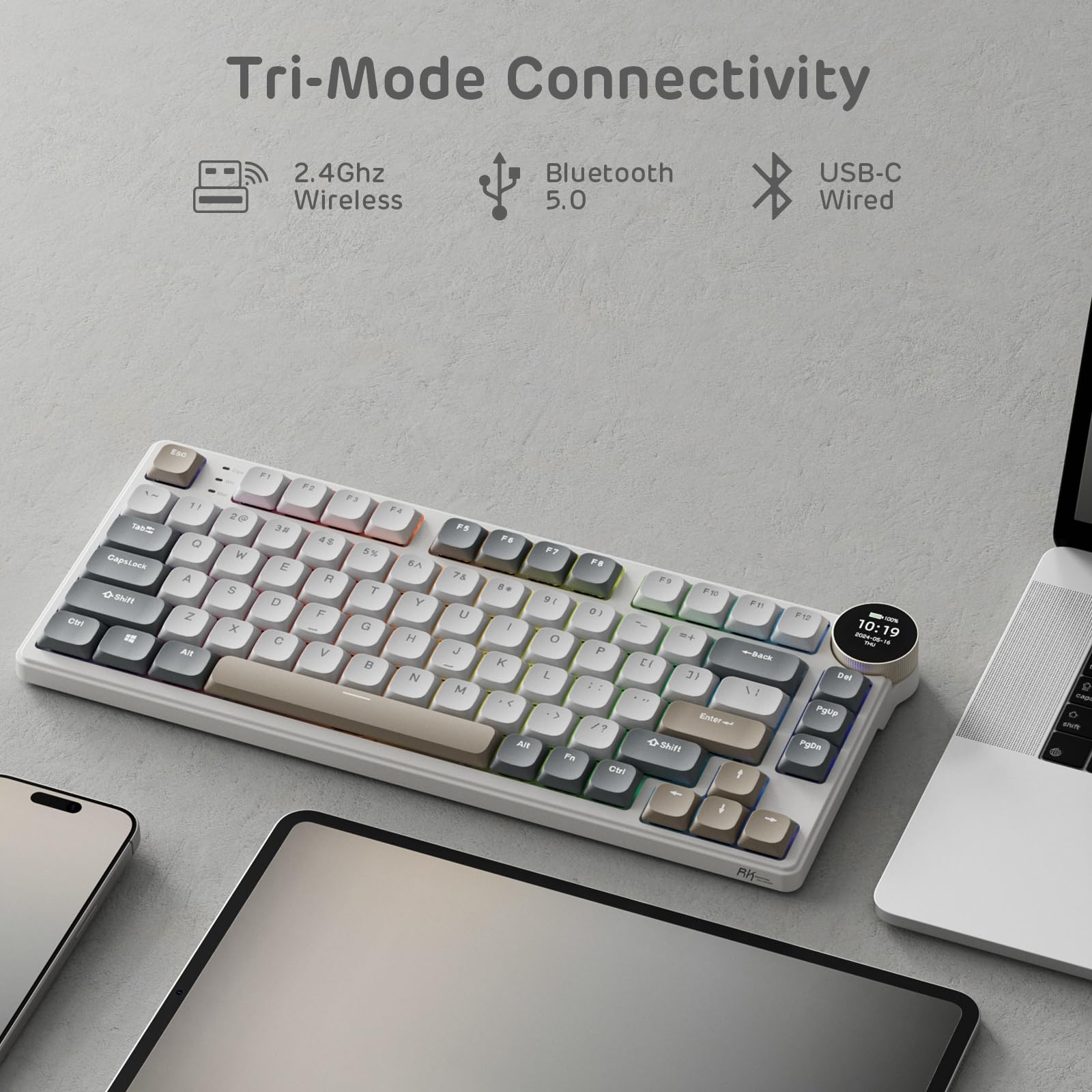 RK ROYAL KLUDGE N80 Low Profile 75% Wireless Mechanical Keyboard with Smart Display & Knob - 3 Modes (Bluetooth/2.4G/Wired), Tactile Brown Switches, 80 Keys, Software Support, Long Battery Life - Perfect for Office Work, Gaming & Programming