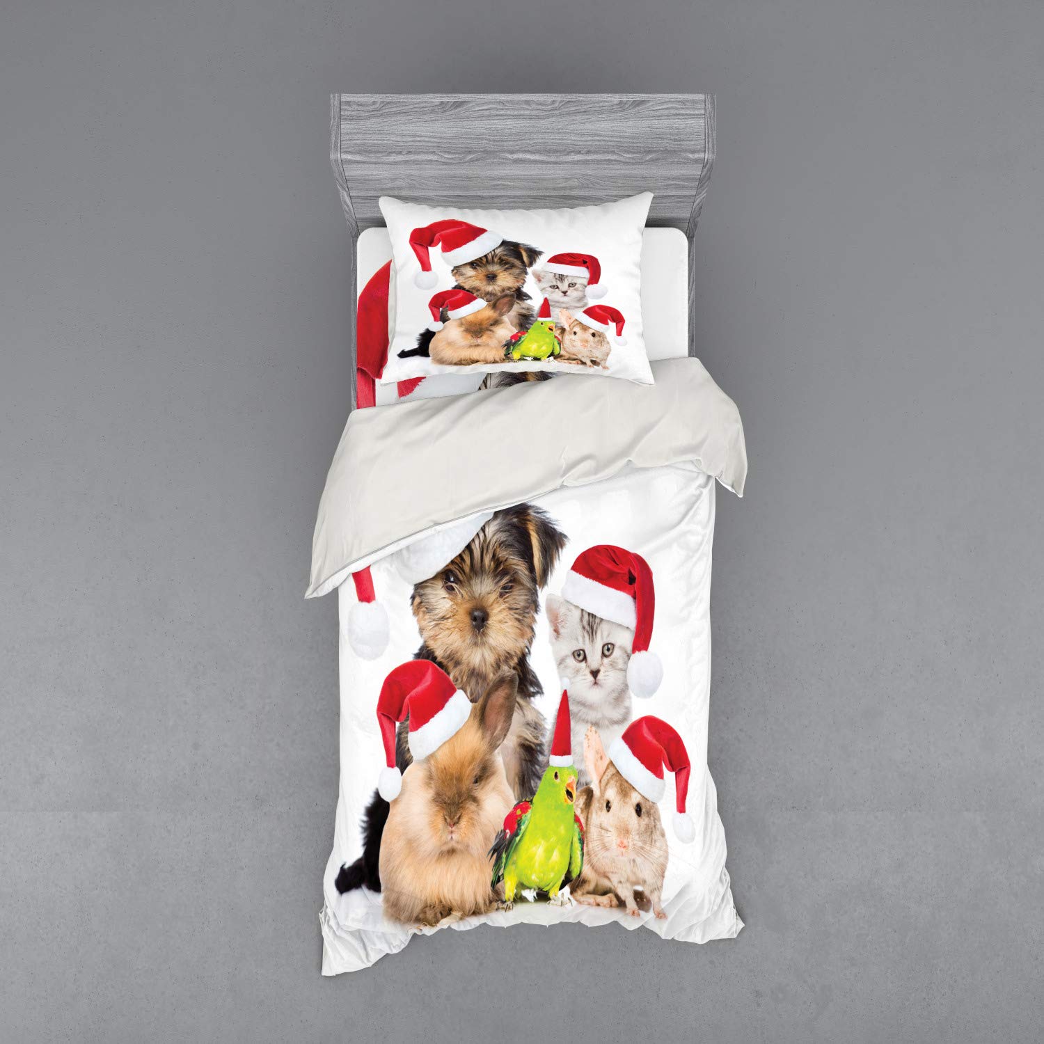 Ambesonne Christmas Duvet Cover Set - Xmas Crew Cat Dog Bird Mouse Rabbit with Santa Hats Grumpy Pets Print, 3-Piece Bedding Set with Pillow Sham & Fitted Sheet, Twin Size, Multicolor - Cozy Holiday Bedroom Decor for Winter Season