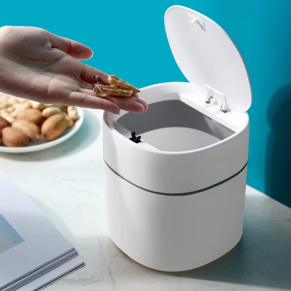 Mini Desktop Trash Can with Lid - Small Sanitary Waste Bin for Peeling Fruits, Snack Shells & Car Trash - Compact Office & Home Garbage Bin (White with Spring Cover) - Perfect for Desk, Kitchen Counter, Bedroom & Vehicle Use