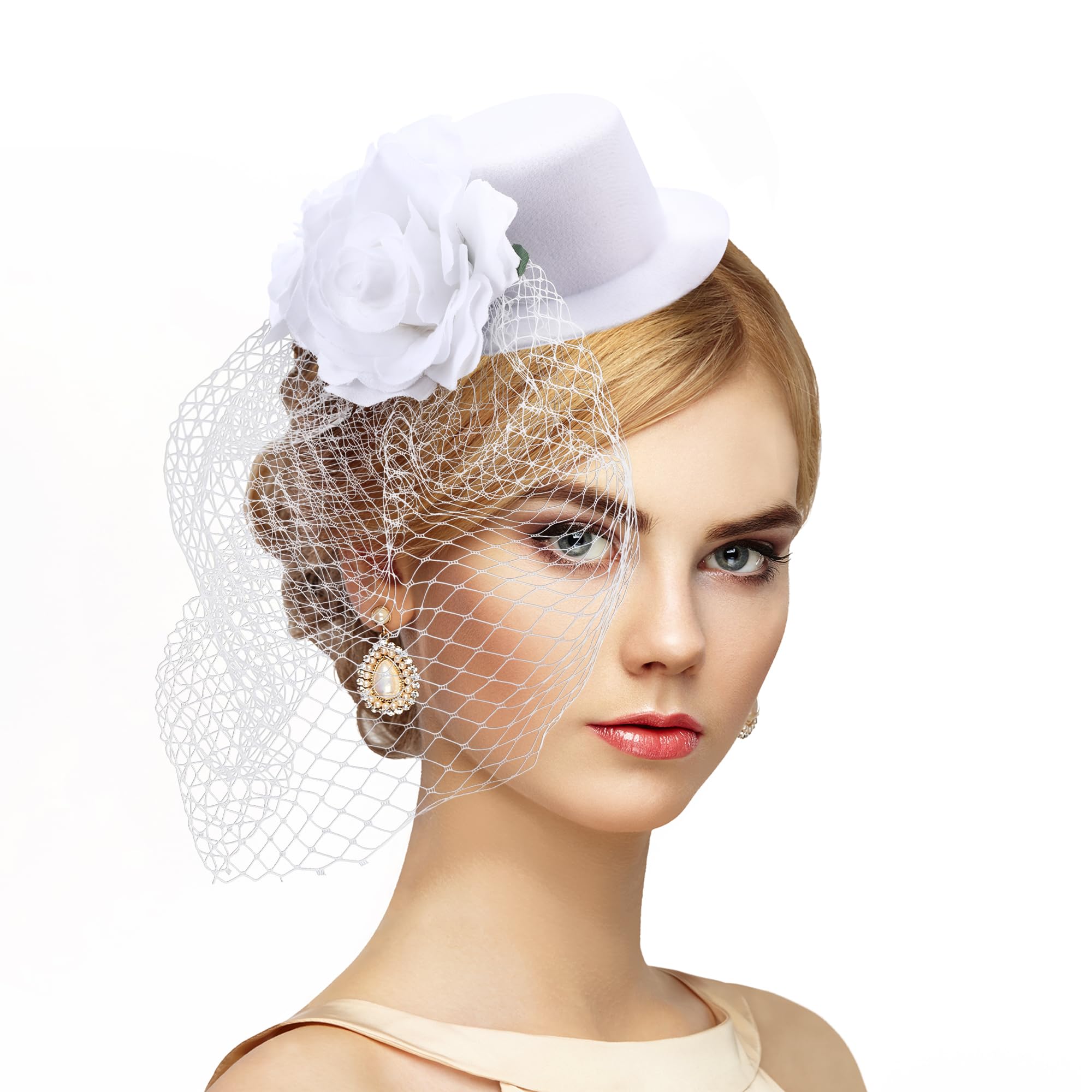 Elegant Tea Party Fascinators - White Derby Hats with Veil, Floral & Feathers for Women & Girls | Kentucky Derby, Bridal Shower, Garden Party, Wedding Accessories