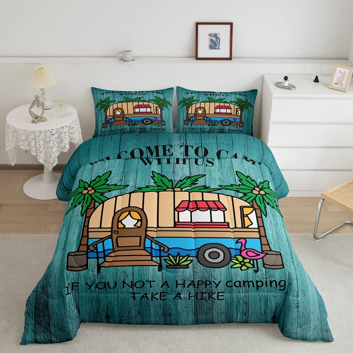 Happy Camping Comforter Set for Kids & Teens - Green Wooden Duvet Twin Size for RV & Travel Trailers