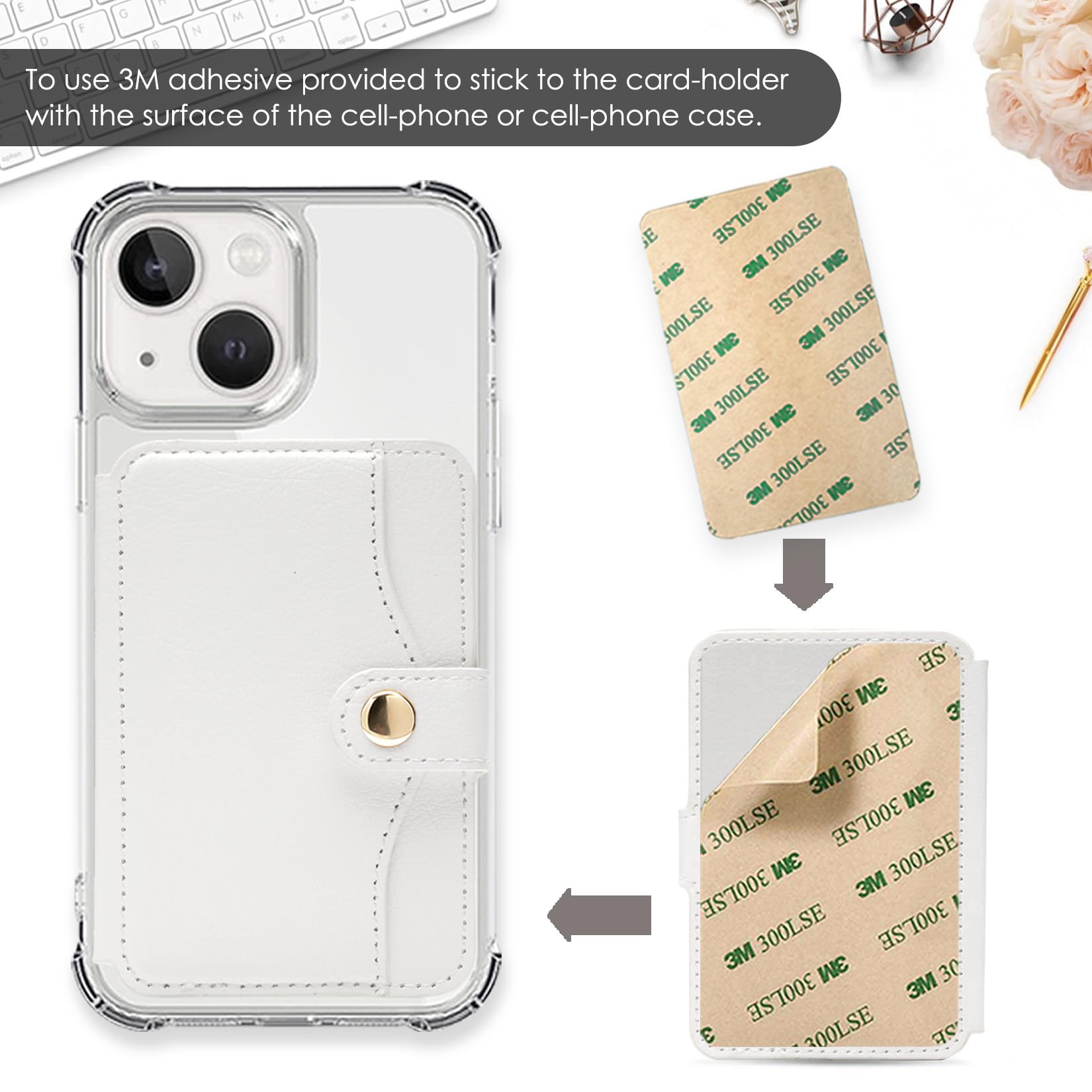 M-Plateau Stick On Phone Wallet - Slim Leather Card Holder with Snap Closure for Most Smartphones (White) | Perfect for Contactless Payments, ID Storage & Everyday Essentials While On-The-Go