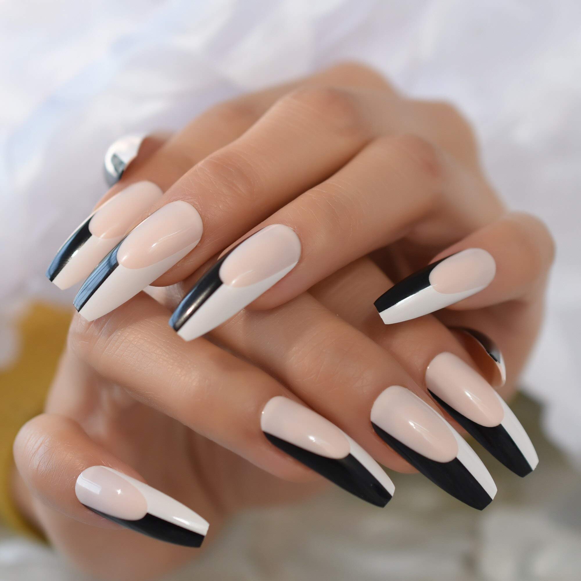 Coolnail Long Coffin Fake Nails - Pre-Designed French Tip Press On Nails with Irregular Patterns, Glossy Full Cover Artificial Nails for Women | Perfect for Parties, Weddings & Special Occasions