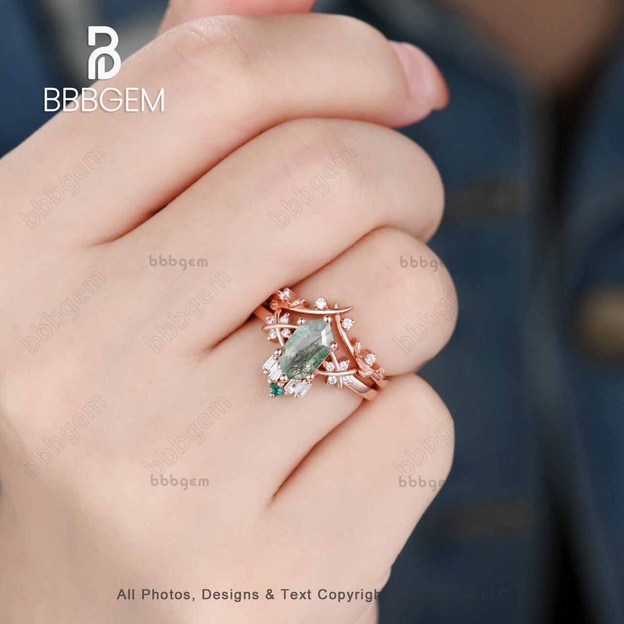 14K Rose Gold Long Hexagon Green Moss Agate Wedding Ring Set - Elegant Elongated Moss Agate Bridal Rings for Engagement, Anniversary & Special Occasions
