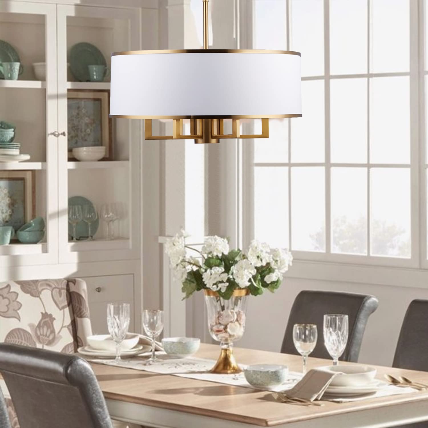 19 Inch 5-Light Adjustable Gold Drum Chandelier - Modern Brass Metal Ceiling Light with White Plastic Shades for Bedroom, Living Room, Dining Room - Perfect for Home Decor, Wedding, Restaurant Lighting