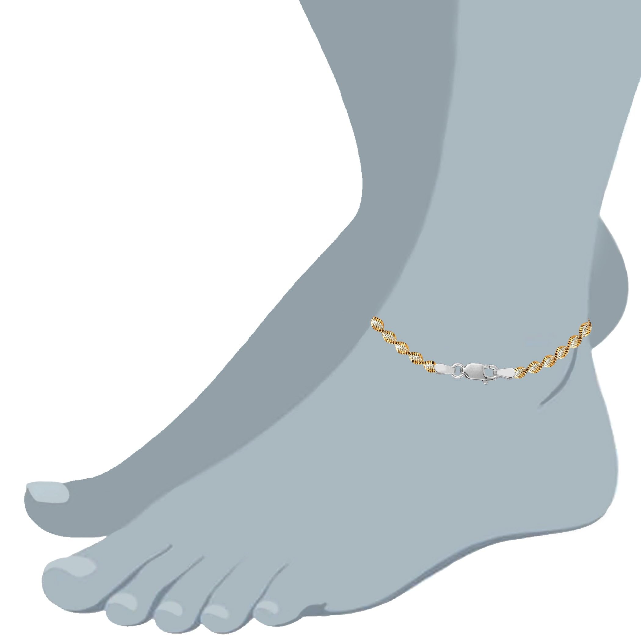 Elegant Sterling Silver Singapore Style Chain Anklet - White & Yellow Gold Plated | Perfect for Beach Parties, Summer Fashion & Boho Jewelry Collection