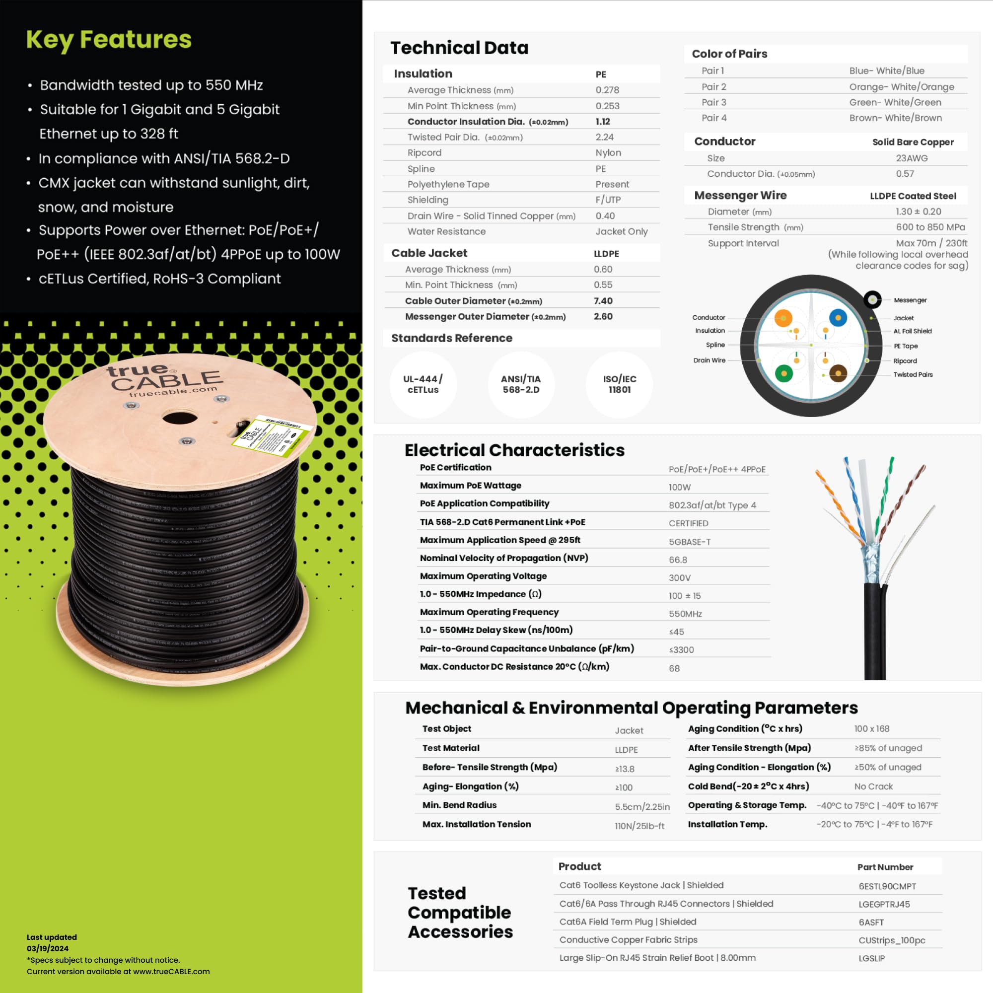 trueCABLE Cat6 Outdoor Shielded Ethernet Cable with Messenger - 500ft, UV Resistant, Aerial Rated, CMX, Black, 23AWG Solid Bare Copper, 550MHz, PoE++ (4PPoE) - Perfect for Outdoor Networking, Security Cameras, and Long-Distance Ethernet Installations