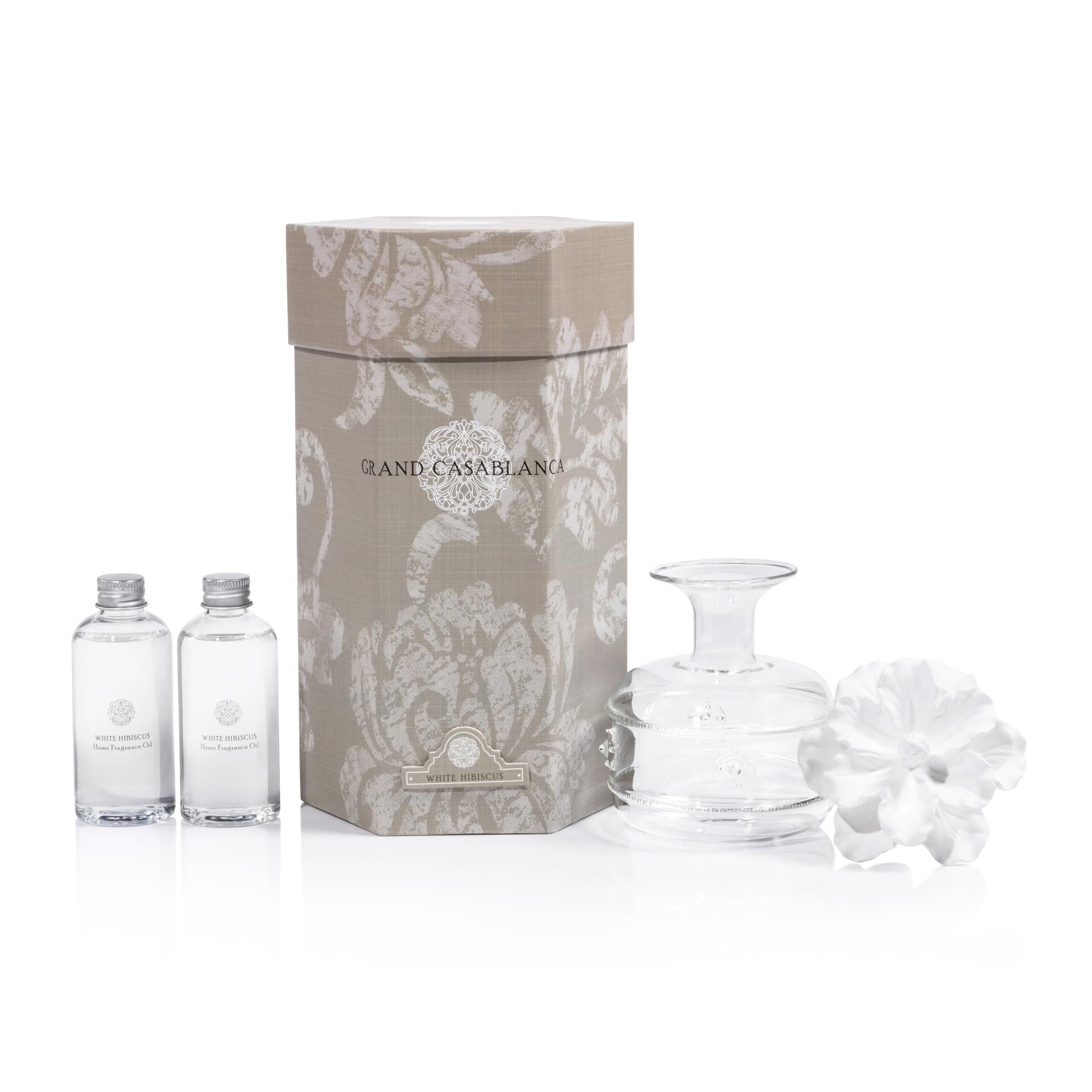 Zodax Grand Casablanca Porcelain Essential Oil Diffuser - 6.76oz Aromatherapy Humidifier for Home, Office, Spa | White Hibiscus Flower Design with Gift Box | Perfect for Relaxation, Yoga & Stress Relief