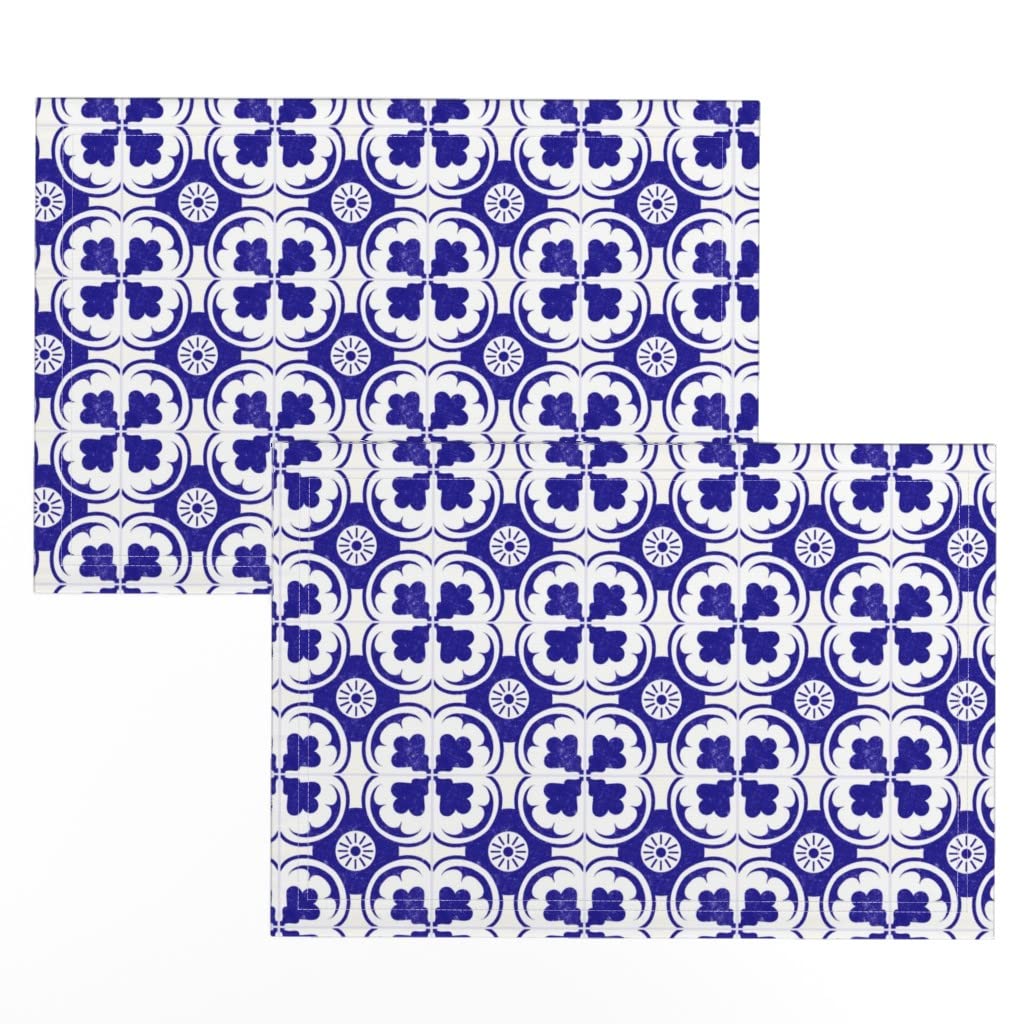 Premium Linen Cotton Canvas Placemats Set of 2 - Spanish Tiles Blue & White Geometric Floral Print | Washable Table Mats for Dining, Kitchen Decor, and Party Settings