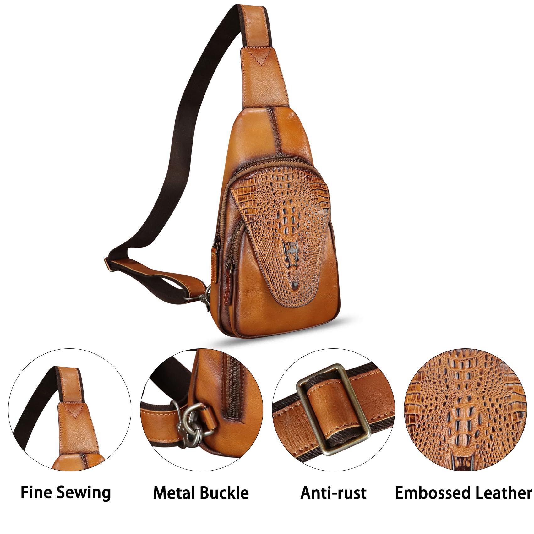 Genuine Leather Sling Bag - Embossed Crocodile Pattern Crossbody Backpack - Handmade Chest Purse Daypack for Men & Women (Brown) | Perfect for Travel, Work & Everyday Use