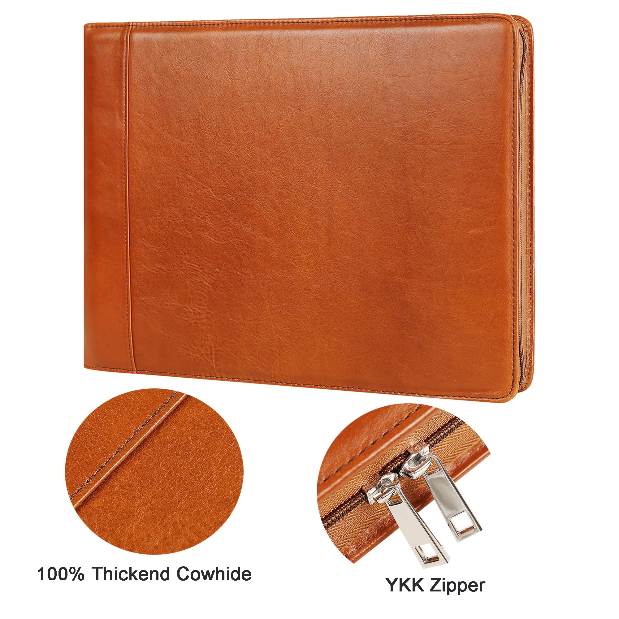 Premium Leather Business Checkbook Binder - 7-Ring Zippered Organizer with Checkbook Holder for 3 Per Page Checks, Holds 600 Checks & 9x13 Inch Sheets, Oil Brown - Ideal for Office, Accounting & Financial Management