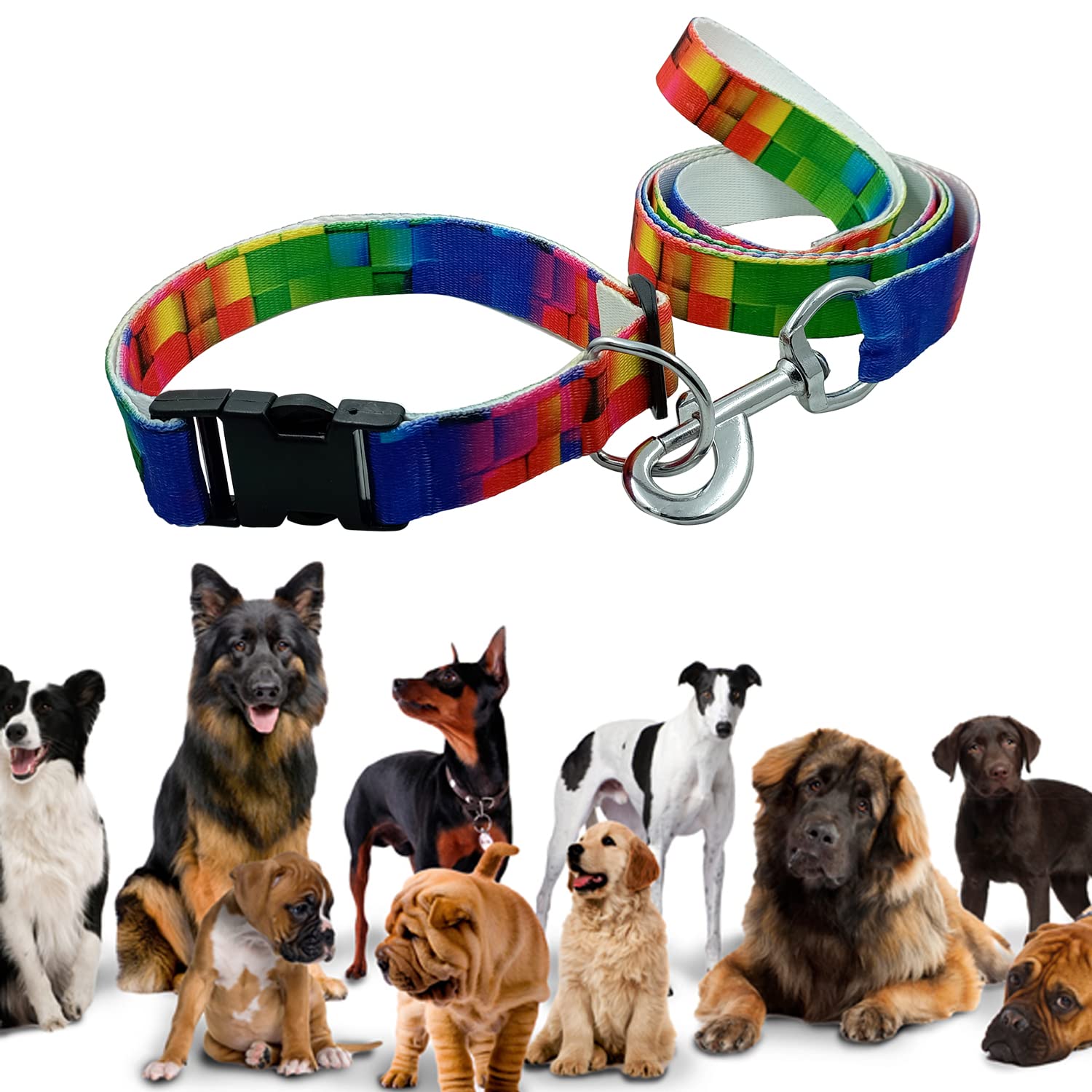 Jainsons Rainbow Dog Leash and Collar Set - Adjustable Nylon Pet Leash with Matching Collar for Small, Medium & Large Dogs - Durable 20mm Width for Daily Walks, Training & Outdoor Adventures