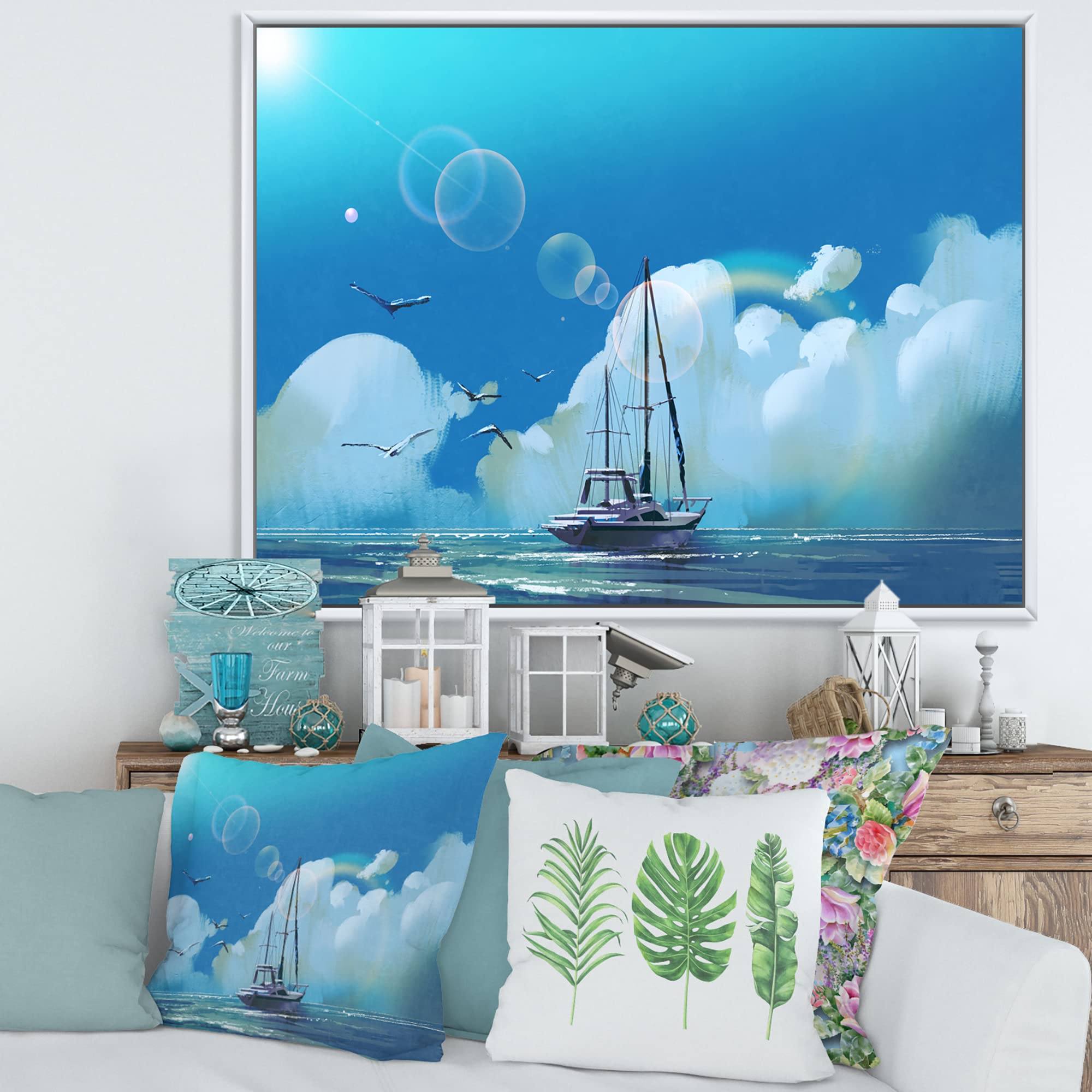 Sailboat on Blue Sea Against Summer Sky - Coastal Framed Canvas Wall Art Print for Beach House Decor | Nautical Themed Living Room & Bedroom Wall Decor