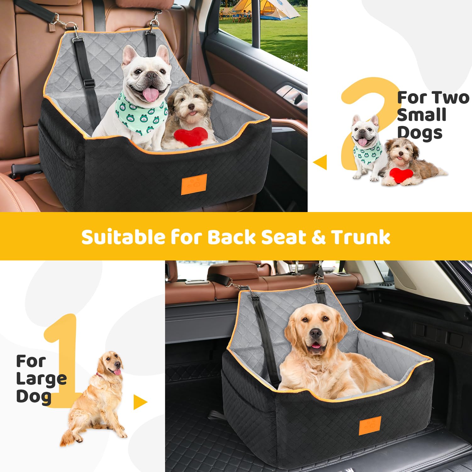 Premium Dog Car Seat for Large & Medium Dogs - Washable & Detachable Pet Booster Seat for Dogs Under 55Lbs (Fits 2 Small Dogs) - Thick Comfort Cushion with Storage Pockets (Black/Gray) - Perfect for Road Trips & Daily Commutes