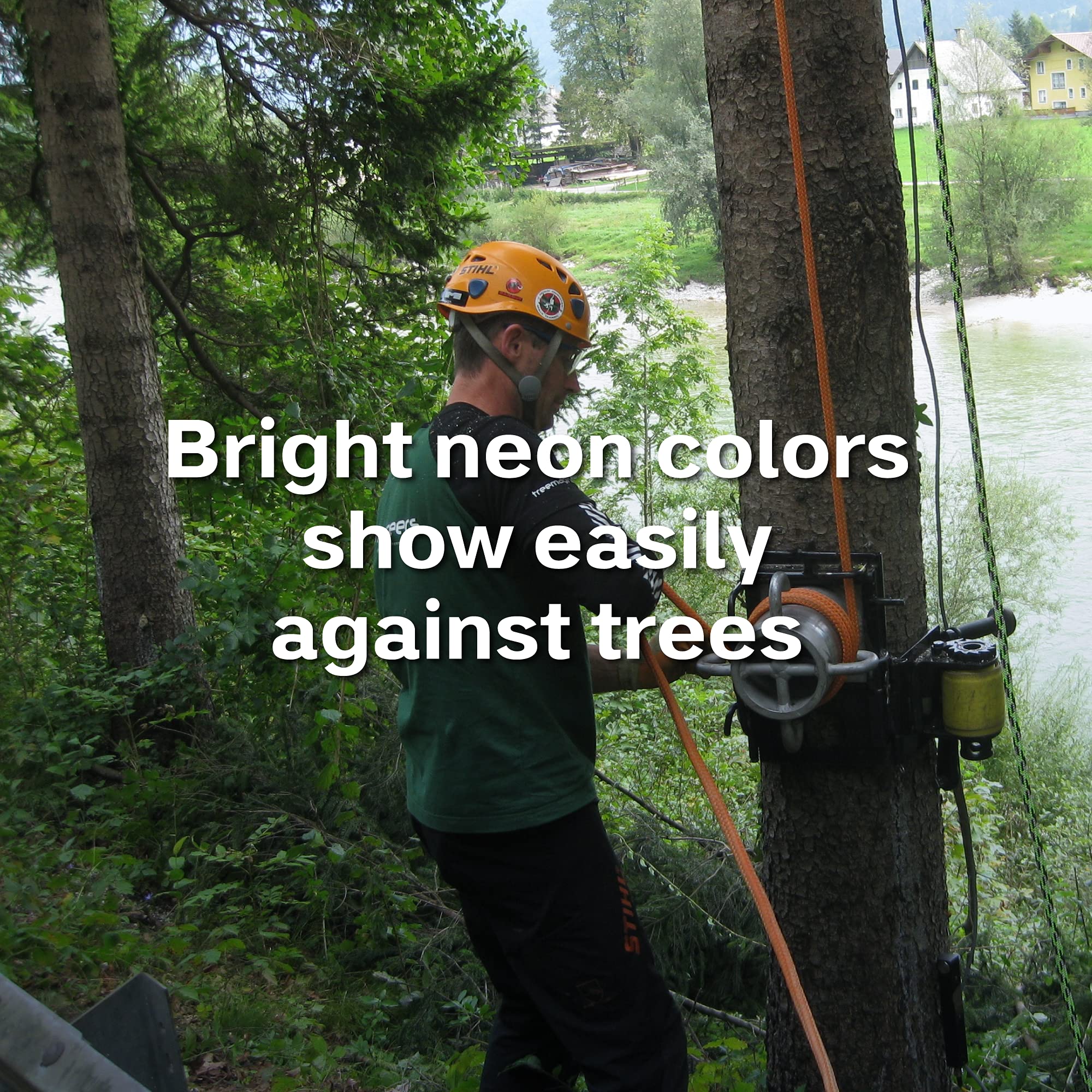 **Teufelberger drenaLINE 11.8mm x 200ft Climbing Rope – 32-Strand Polyester Arborist Rope (Blue, Orange, Yellow) – Ideal for Tree Climbing, Rigging & Professional Arborist Work**