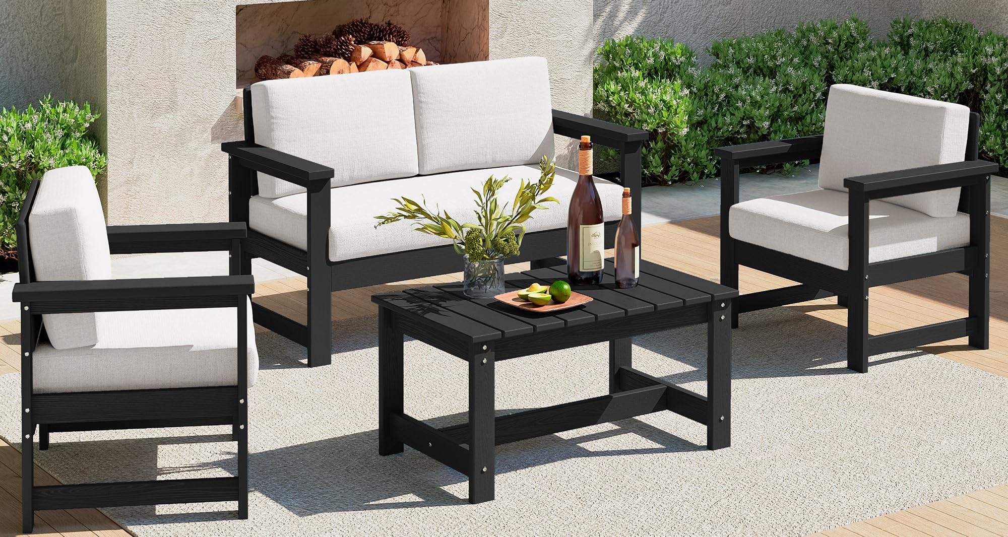 SERWALL 4-Piece Outdoor Patio Furniture Set - All-Weather HDPE Loveseat Sofa with Cushions & Coffee Table, Black Frame & Khaki Cushions for Garden, Deck, Backyard or Poolside Relaxation