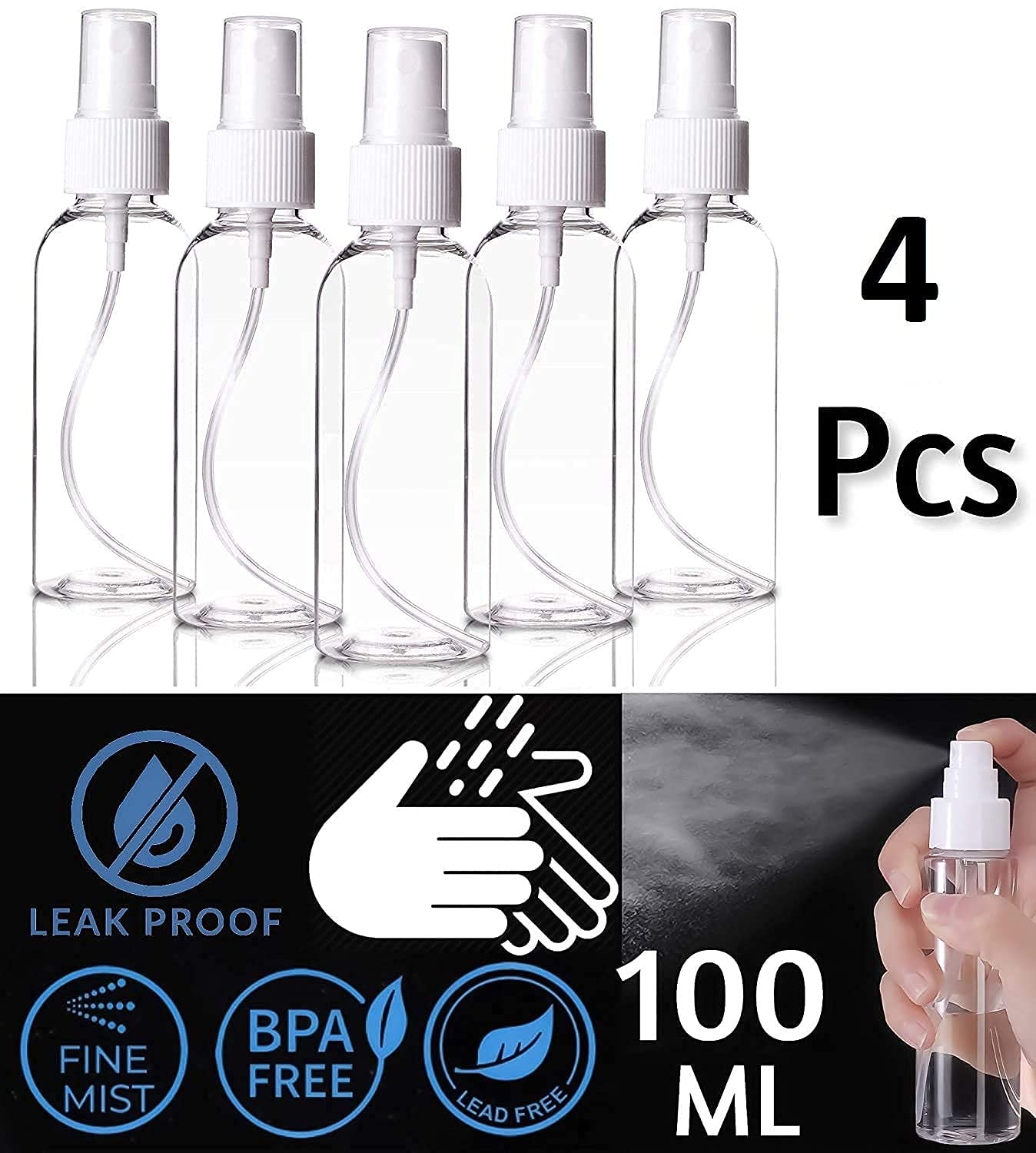 BluBasket 4-Pack 100ml Clear Plastic Spray Bottles - Fine Mist Sprayer for Perfume, Essential Oils, Aromatherapy, Cleaning & Travel | Refillable Empty Bottles for Liquids, Makeup & Car Care | Portable & Durable Design