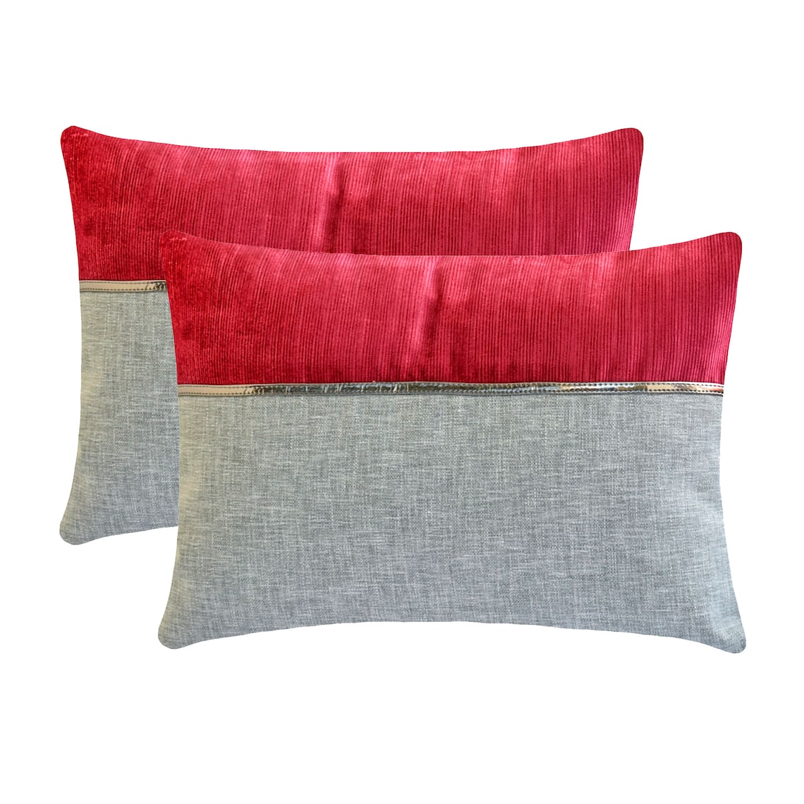 Berry Bliss Red & Grey Linen Lumbar Pillow Cover - Decorative Throw Pillow Case for Sofa, Bed, Couch - Home Decor Accent for Living Room, Bedroom