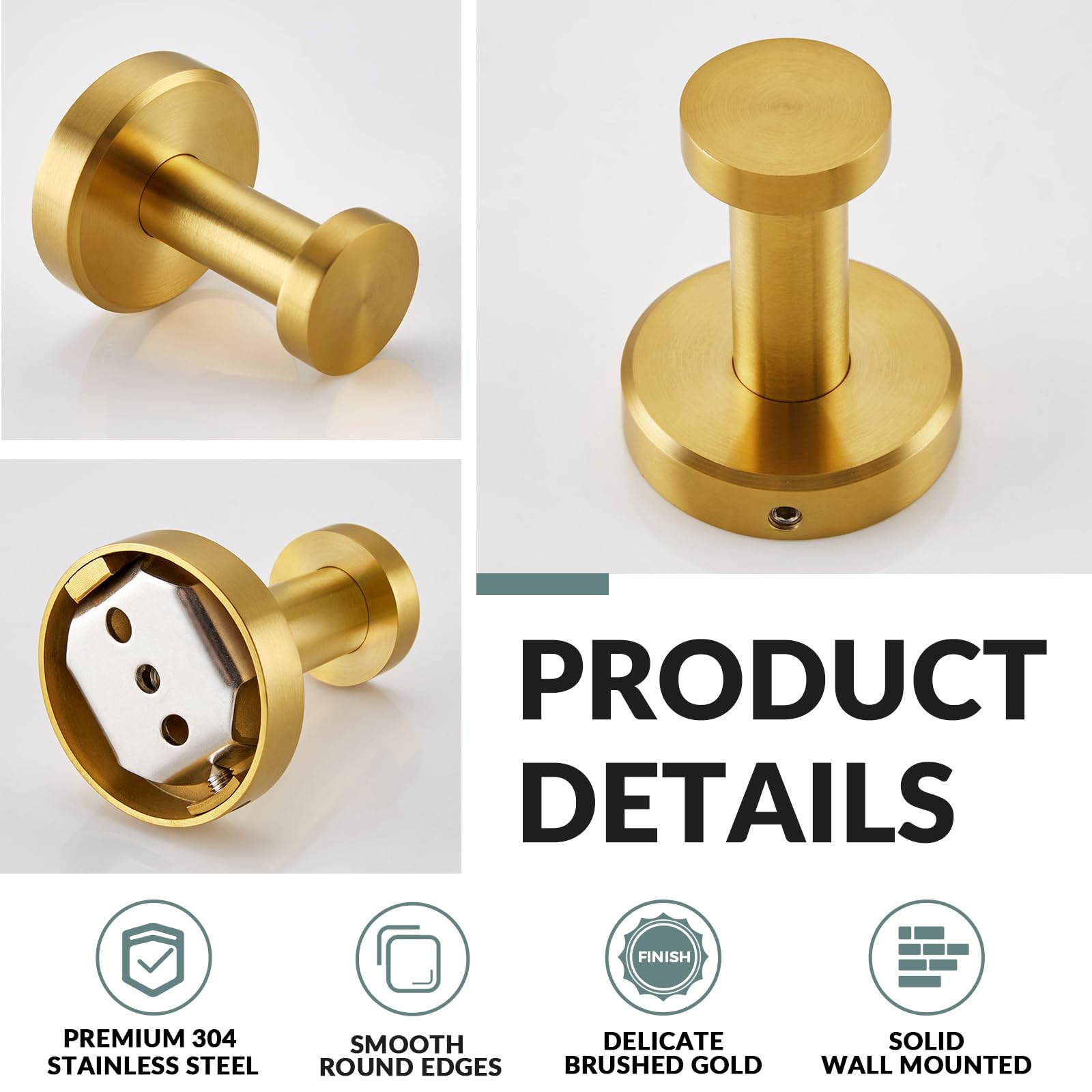 APLusee Brushed Gold Bathroom Towel Hook - SUS 304 Stainless Steel Round Coat Robe Hanger - Modern Decorative Wall Holder for Toilet, Kitchen & Closet Organization - Perfect for Hanging Robes, Towels and Clothes in Bathrooms, Laundry Rooms & Entryways