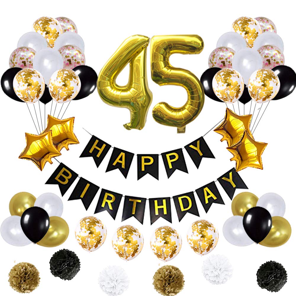 45th Birthday Decorations Set - Happy Birthday Banner, Pom Pom Flowers, Gold Mylar & Latex Balloons, Number 45 Foil Balloons - Perfect for Anniversary Parties, Milestone Celebrations & Festive Home Decor
