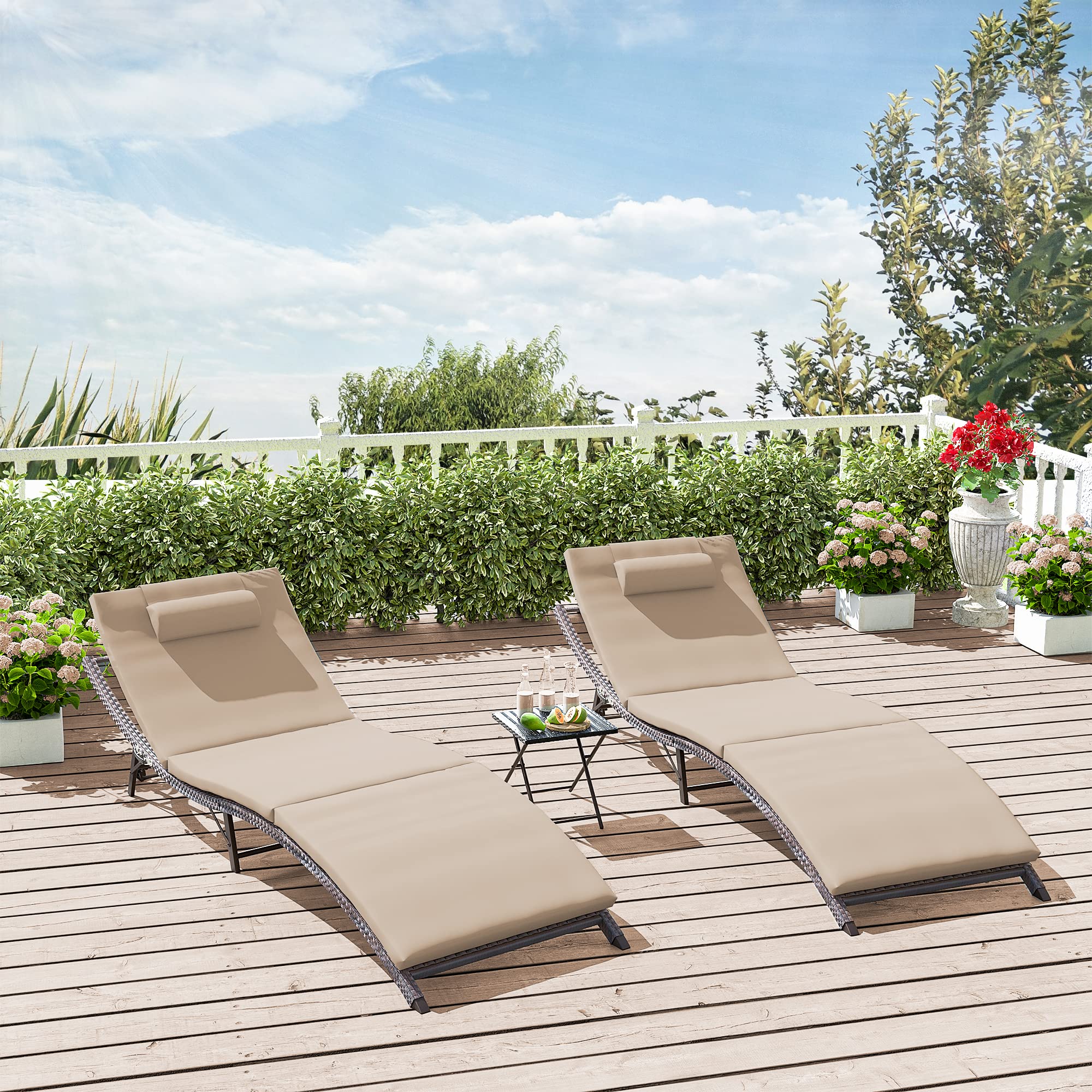 3-Piece Patio Chaise Lounge Set with Adjustable Rattan Backrest & Folding Table - Outdoor Furniture for Beach, Poolside, Backyard, Porch & Garden Relaxation