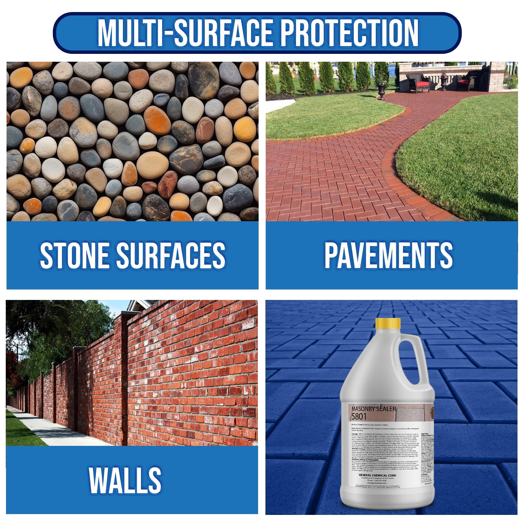 DeckGeneral Masonry Sealer 5801 - Clear Silane Siloxane Waterproof Concrete Sealant for Stone, Brick & Mortar - Protects Driveways, Sidewalks, Patios & Outdoor Surfaces from Weather Damage (1 Gallon) - Ideal for DIY Home Improvement & Commercial Use