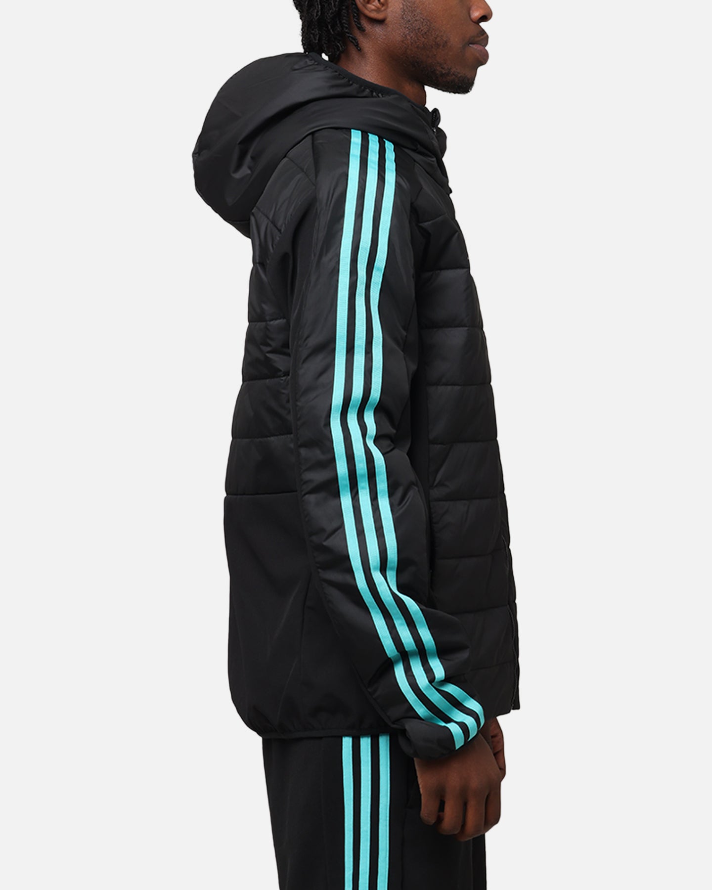 Adidas x Mercedes AMG PETRONAS F1 DNA Puffer Jacket - Black/White Winter Coat for Men, Stylish Racing-Inspired Outerwear for Cold Weather & Formula One Fans