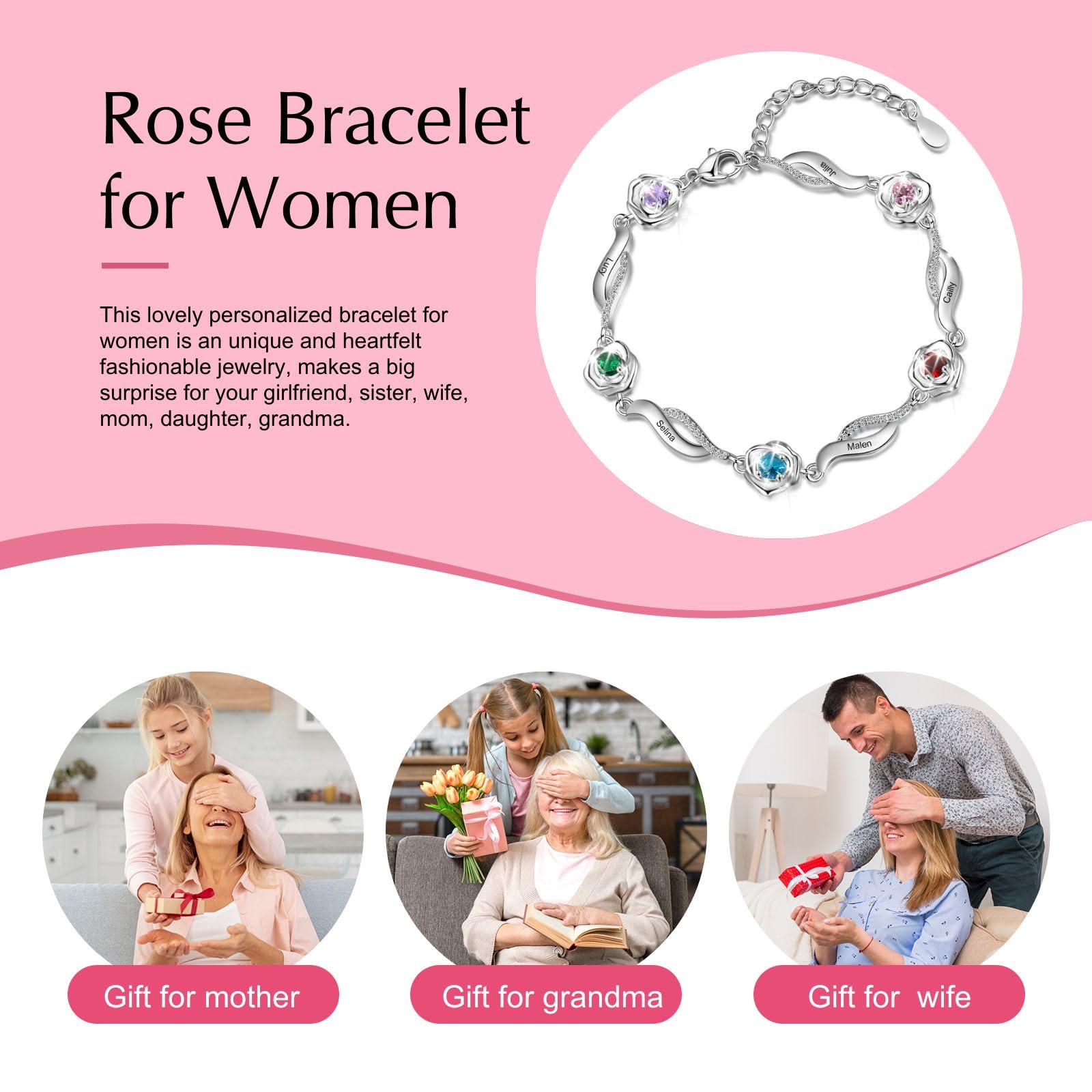 Personalized Birthstone Bracelet for Mom - Custom Name Engraved Rose Flower Bracelet for Women - Mother's Day, Birthday & Anniversary Gift - Perfect for Everyday Wear, Special Occasions & Heartfelt Moments