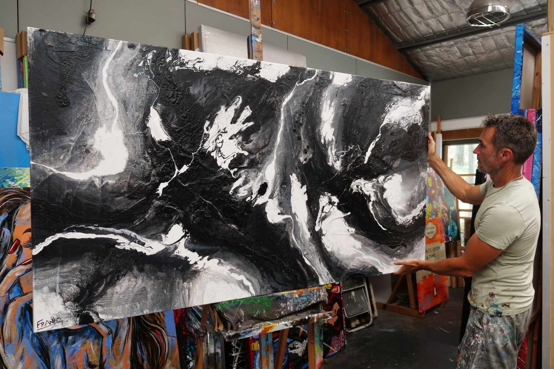 190cm x 100cm Black and White Textured Abstract Wall Art Painting - Modern Iced Nero Canvas for Living Room, Bedroom & Office Decor
