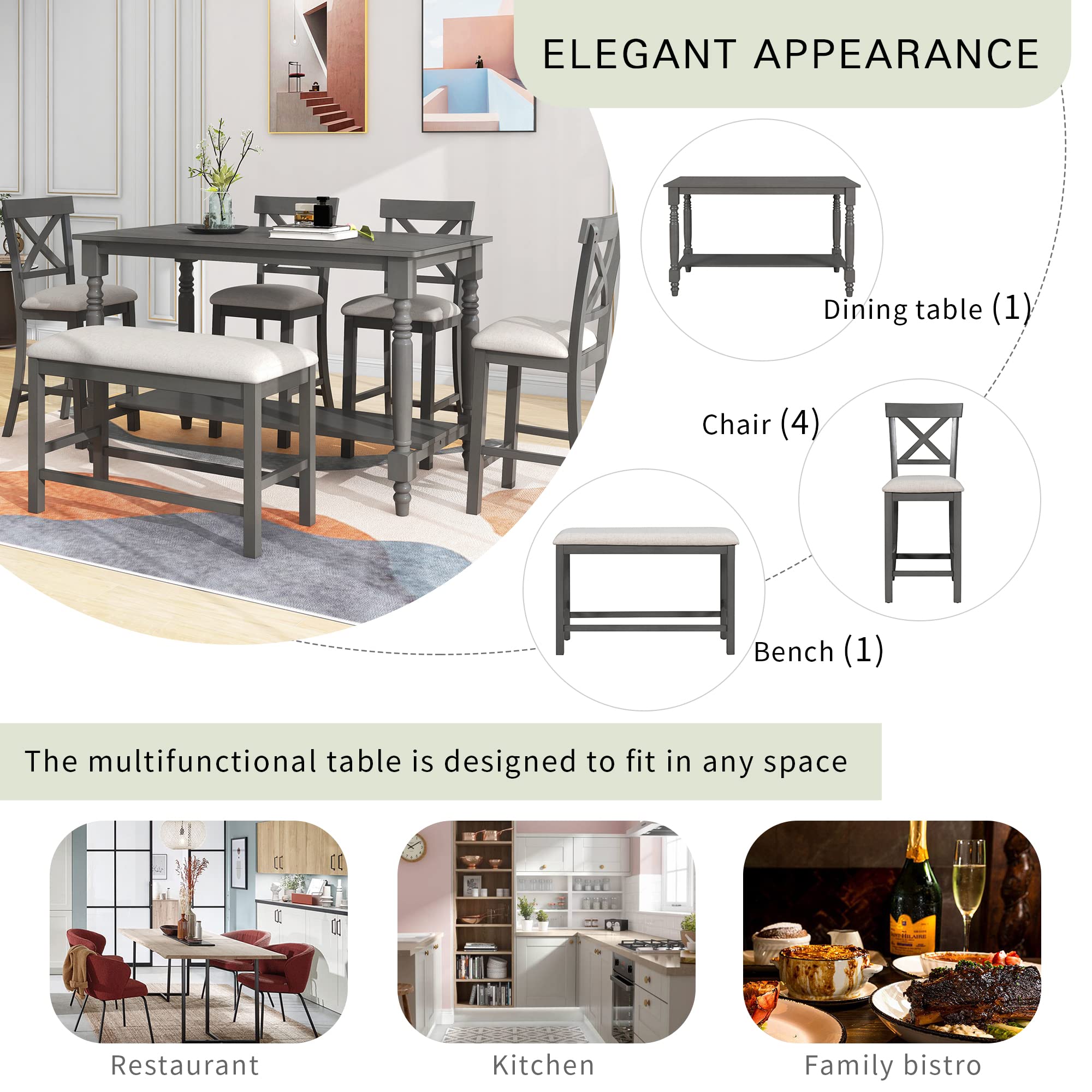 Merax 6-Piece Solid Wood Dining Set with Shelf - Kitchen Table, 4 Upholstered X-Back Chairs & Bench for Dining Room - Grey | Perfect for Small Spaces, Breakfast Nooks & Family Gatherings