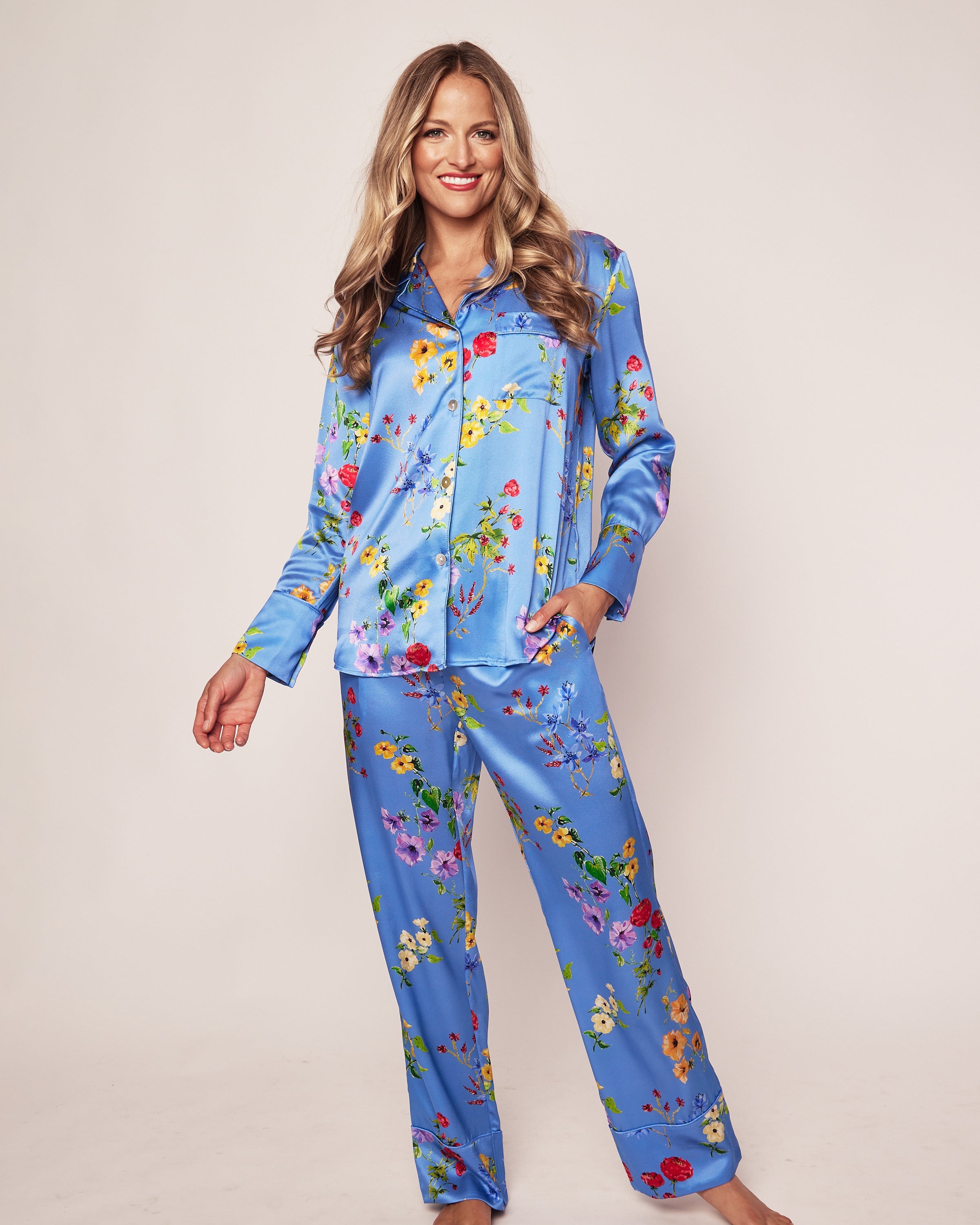 Luxury Women's Silk Pajama Set - Soft 100% Mulberry Silk Sleepwear with Floral Print in Azure Blue | Perfect for Relaxation, Spa Nights & Gift Giving