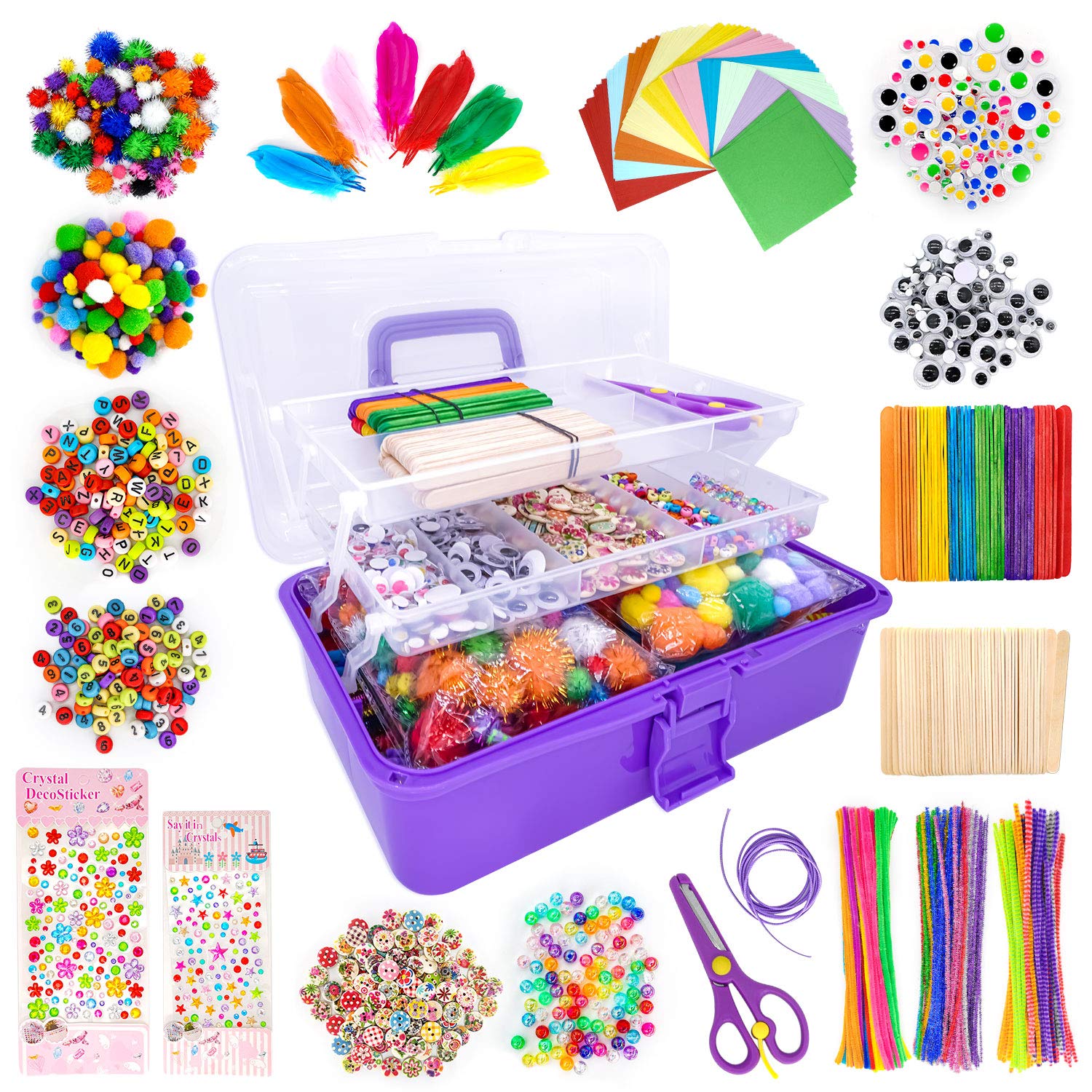 1405 Pcs Kids Art and Craft Supplies Kit - DIY Craft Set with Pipe Cleaners, Pom Poms, Feathers & Storage Box | Creative Activities for Toddlers, Preschoolers & Classroom Projects (Purple)