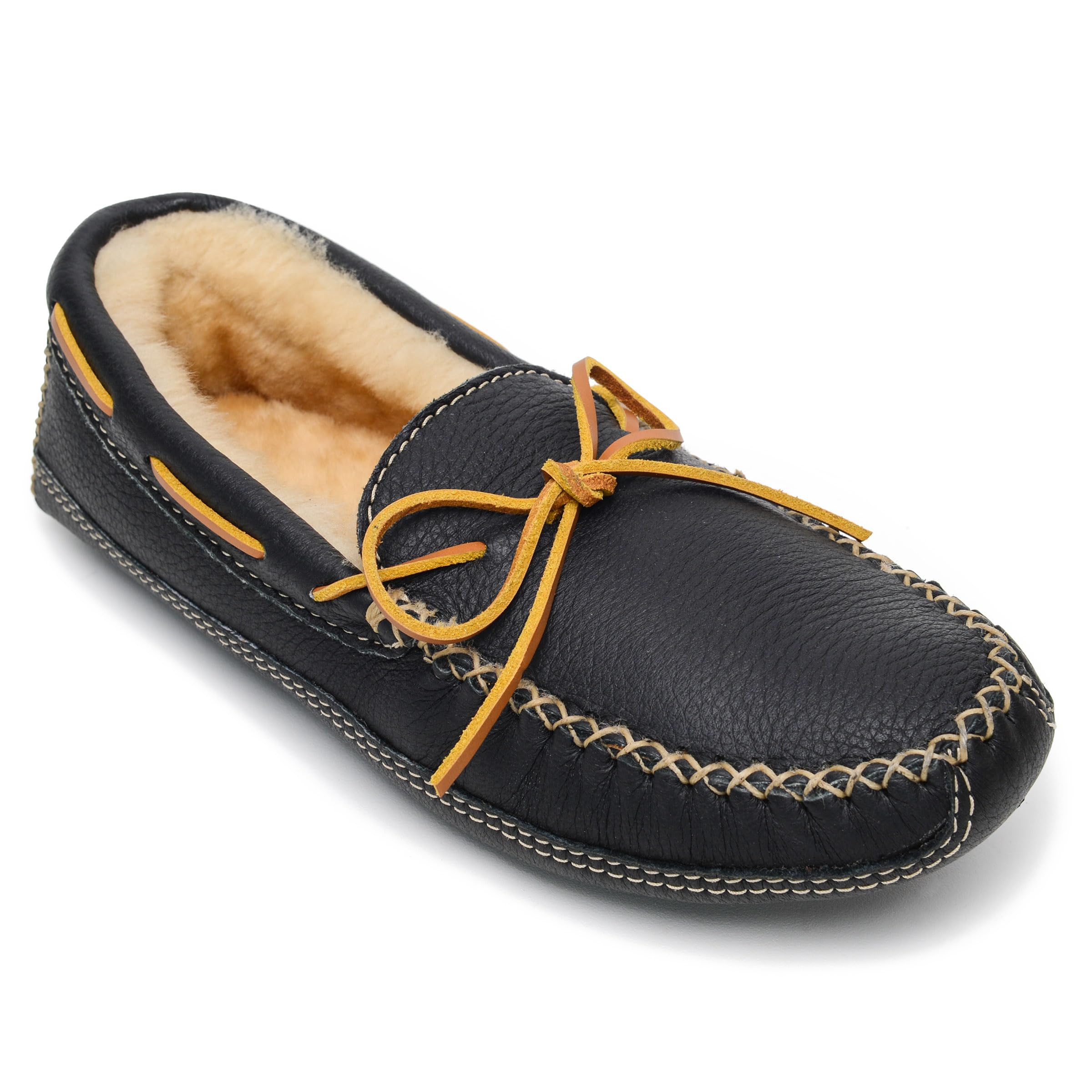Minnetonka Men's Sheepskin Moose Slippers - Cozy Winter Indoor/Outdoor House Shoes for Comfort & Warmth - Perfect for Lounging, Camping & Cold Weather Wear