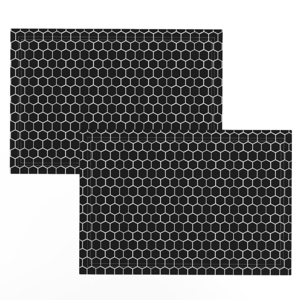 Premium Linen Cotton Canvas Placemats Set of 2 - Black & White Hexagon Honeycomb Geometric Design for Dining Table Decor | Kitchen Table Mats, Dinner Party, Modern Home Decor