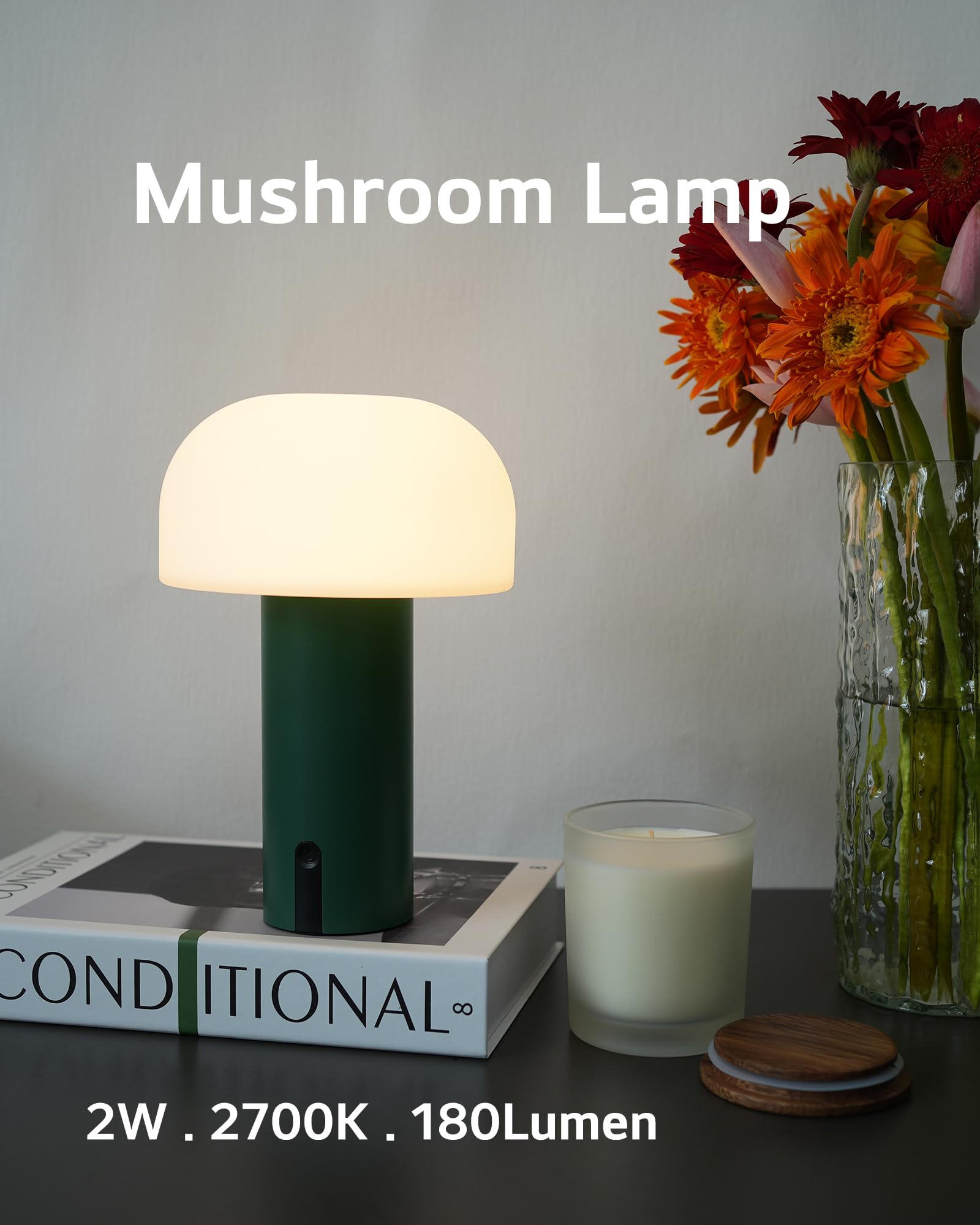 Rechargeable Outdoor Mushroom Table Lamp - Waterproof Cordless Patio Light with USB Charging & Touch Dimming - Portable Battery Operated Night Light for Garden, Porch, Restaurant, Camping (Green)