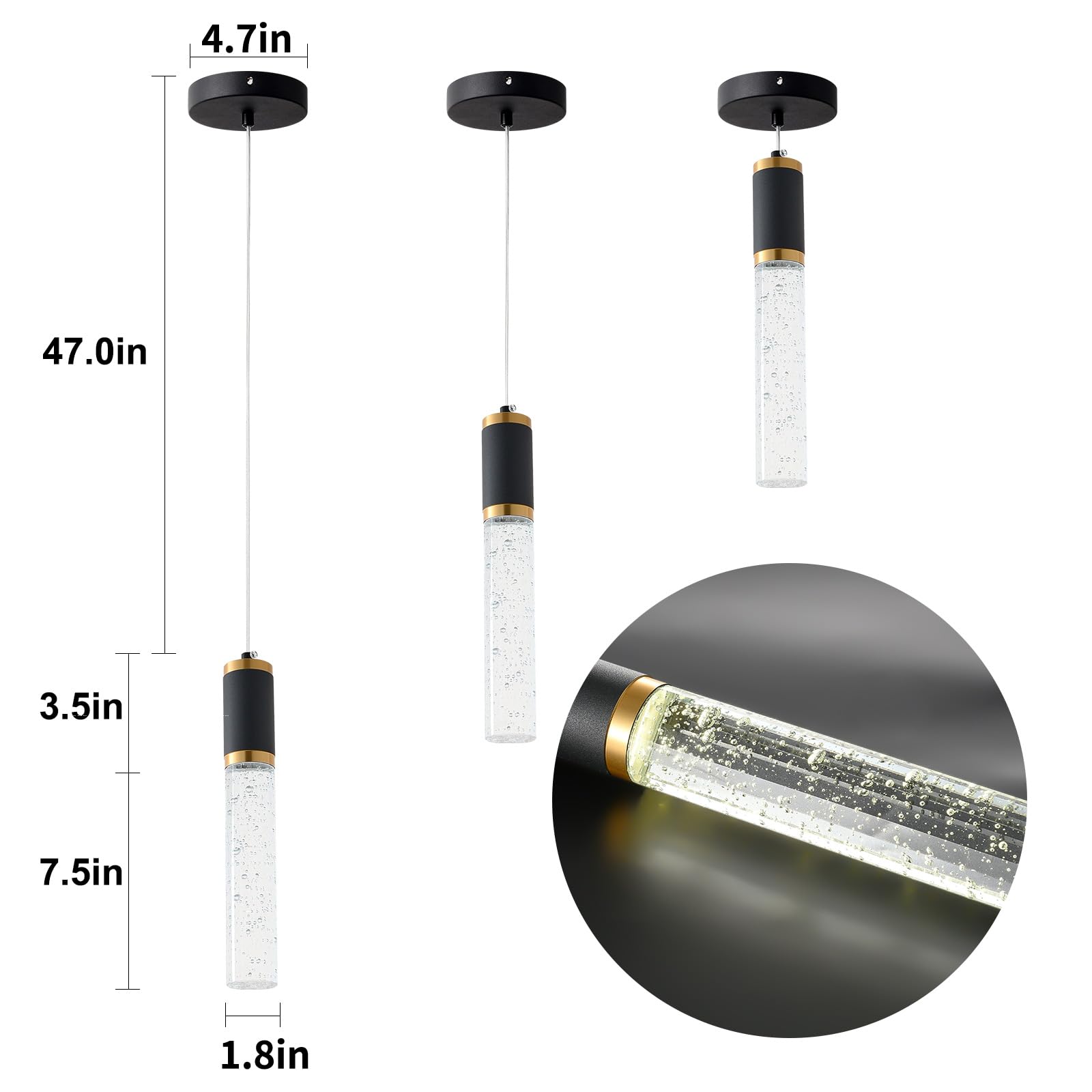 3-Light Black Modern Crystal Pendant Lighting for Kitchen Island - Elegant Hanging Fixtures for Restaurants, Dining Room & Bedrooms - Perfect for Task Lighting Over Countertops and Dining Areas