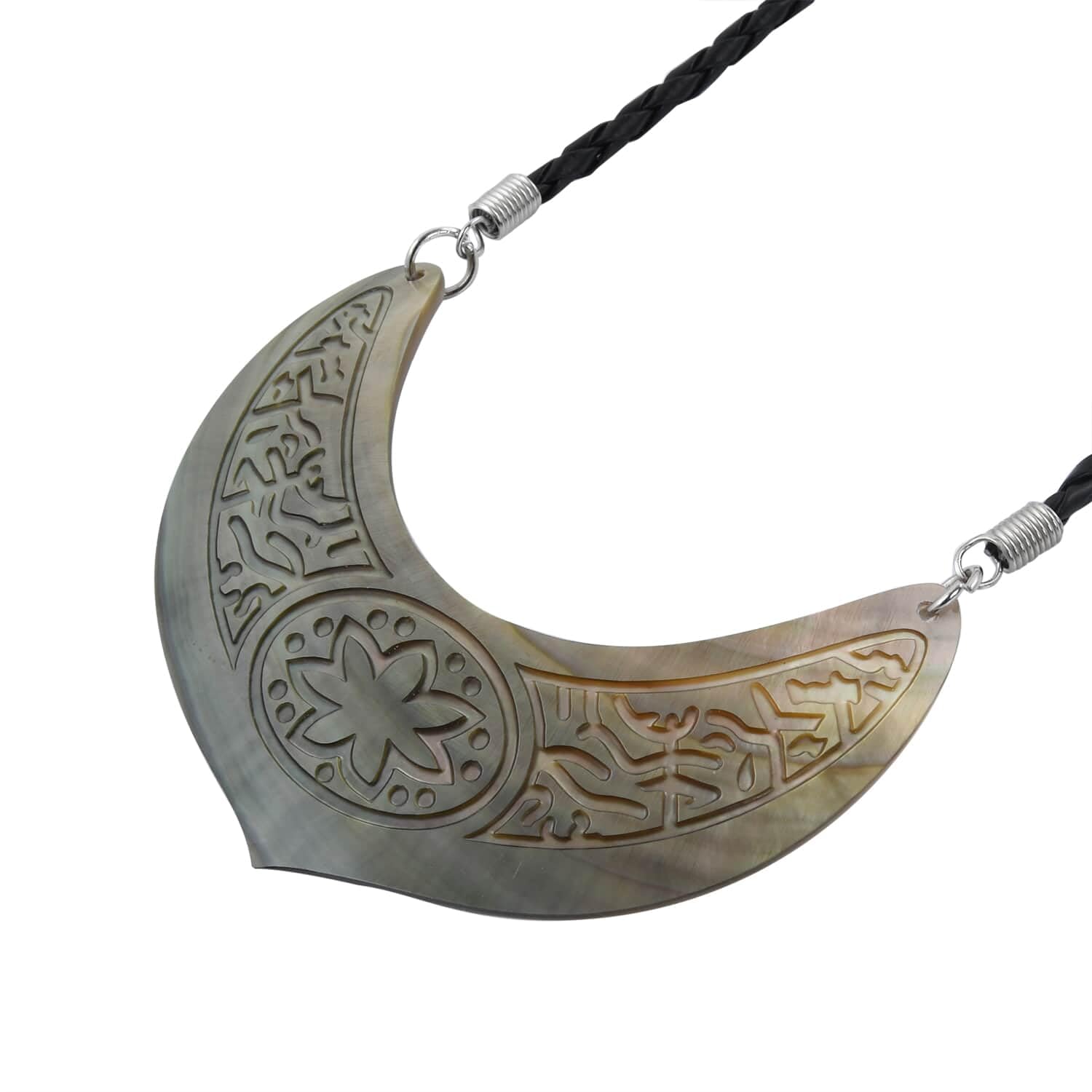 Handmade Brown Shell Flower Carved Black String Necklace for Women - 26