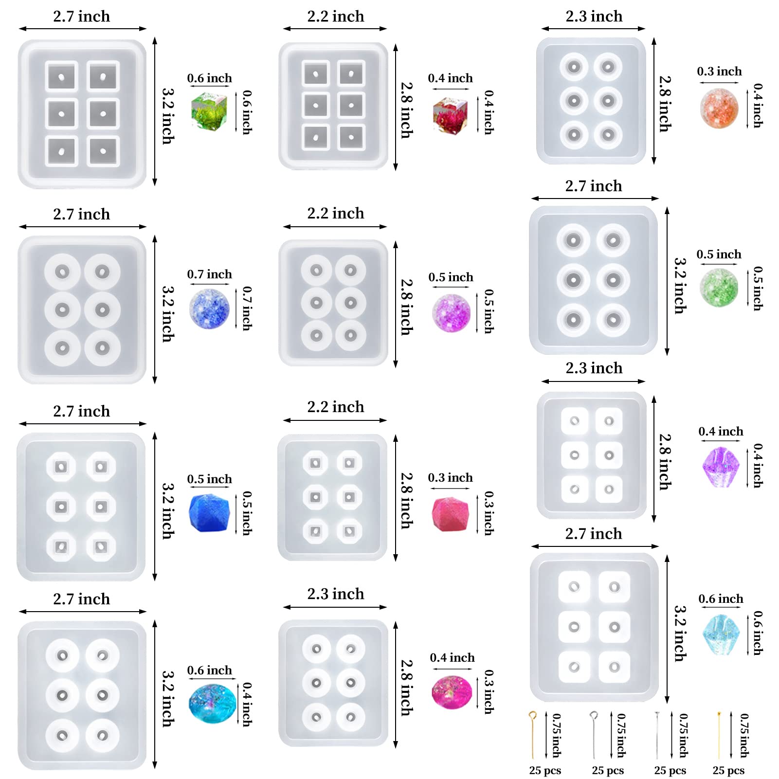 Suhome 12PCS Silicone Resin Bead Molds for Jewelry Making - Cabochon Gem Molds with Holes for DIY Earrings, Pendants, Bracelets & Necklaces - Perfect for Epoxy Resin Crafts, Handmade Jewelry & DIY Gifts