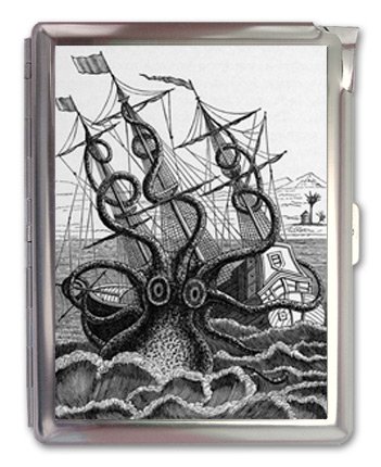 Octopus Attacking a Ship Design - Premium Metal Cigarette Case, Lighter & Business Card Holder - Unique Gift for Men, Travel & Nightlife Accessories