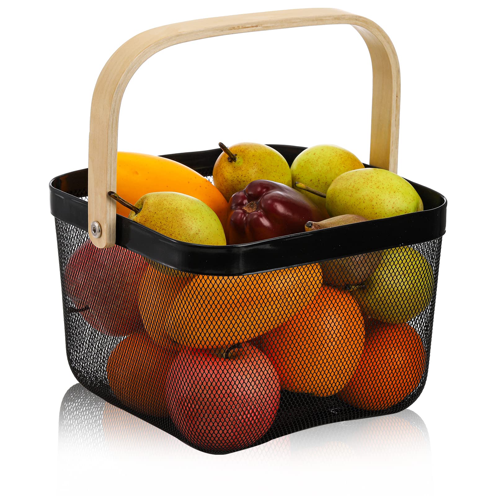ZEAYEA Mesh Steel Fruit Basket with Handle - Multi-Purpose Hanging Storage Organizer for Kitchen, Pantry & Bathroom | Durable Metal Wire Harvest Basket for Garden, Picnic & Home Decor (Black) - Perfect for Organizing Produce, Groceries & Household Items