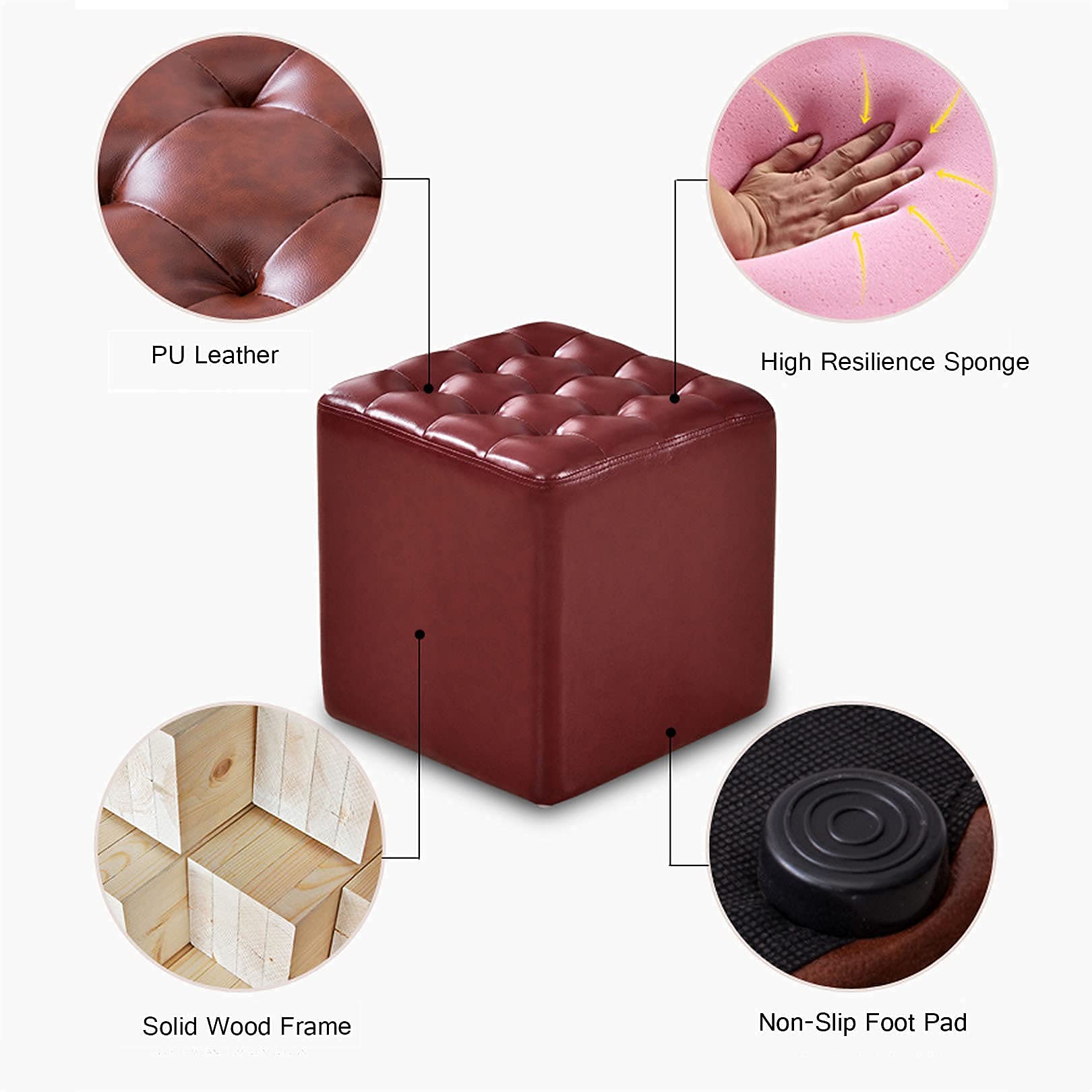 CHEWYNP Classic Square Footstool - Comfortable Upholstered Low Stool for Living Room, Bedroom & Office - Soft Red Fabric Ottoman - Perfect for Relaxing, Reading & Extra Seating