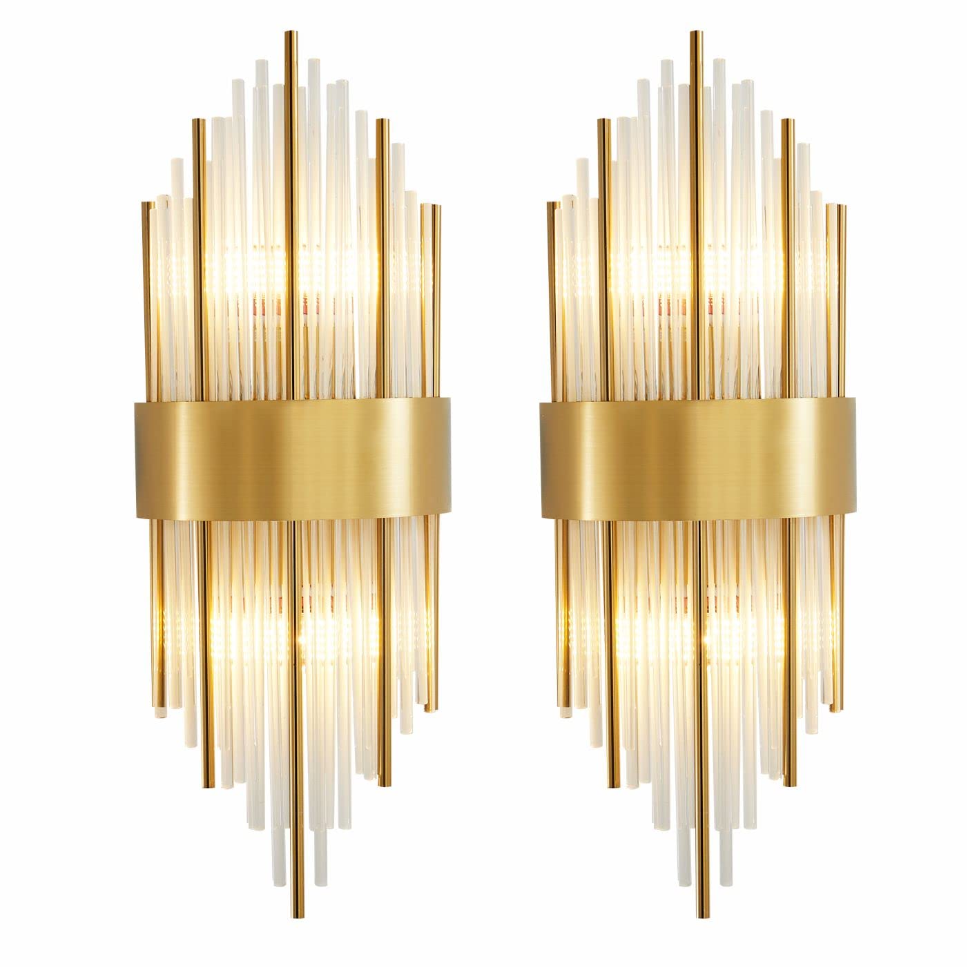 Luxury Gold Crystal Wall Lamp - 2 Pack Brushed Brass Wall Sconce with Crystal Rods, Elegant Vanity Mirror Lighting for Bedroom, Hallway, Stairway & Living Room Decor | Perfect for Ambient Lighting and Home Decoration