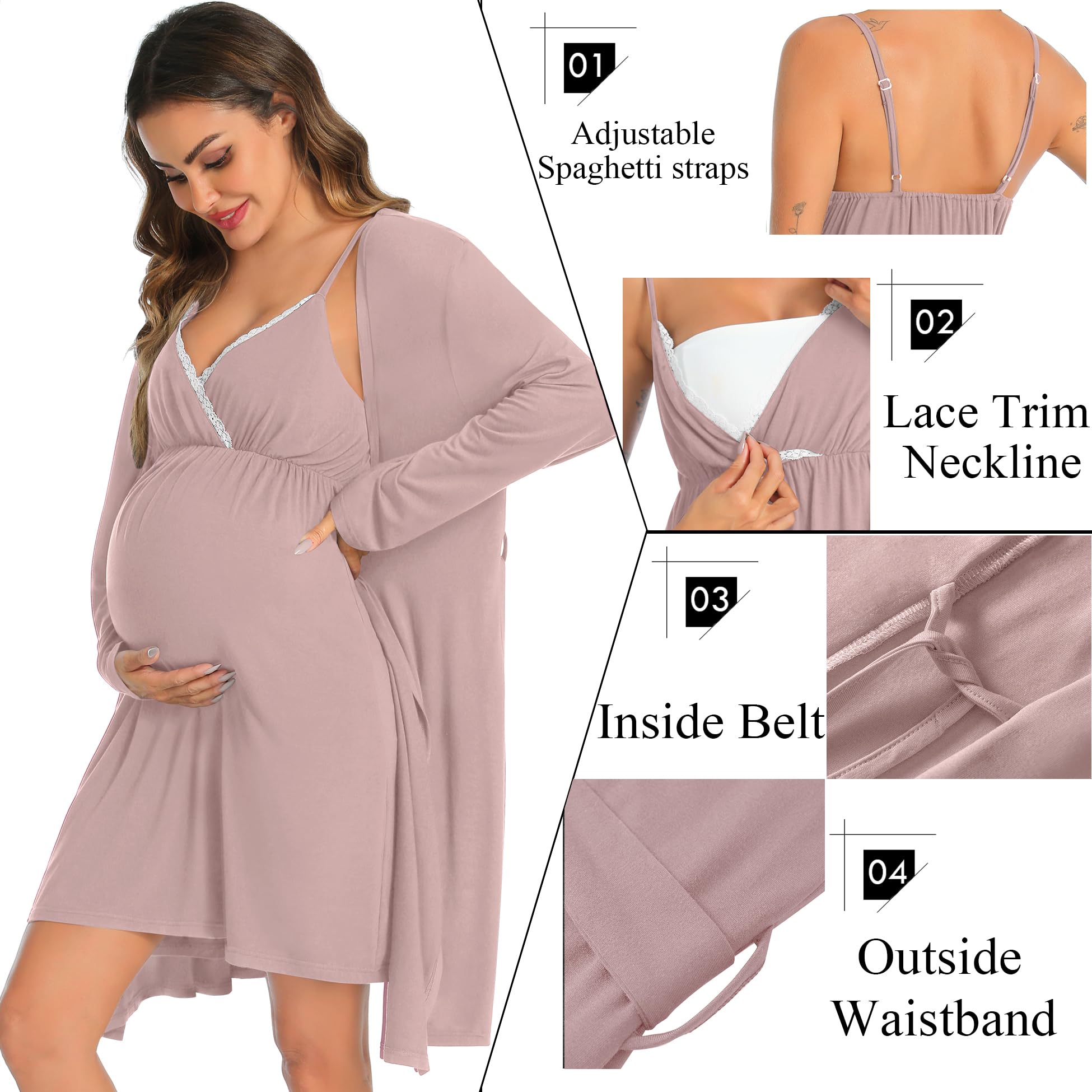 SWOMOG Women's 2-Piece Maternity Robe & Nursing Nightgown - 3-in-1 Breastfeeding Dress with Lace Trim for Labor, Delivery & Postpartum - Soft Nursing Pajama Set for Hospital & Home Use