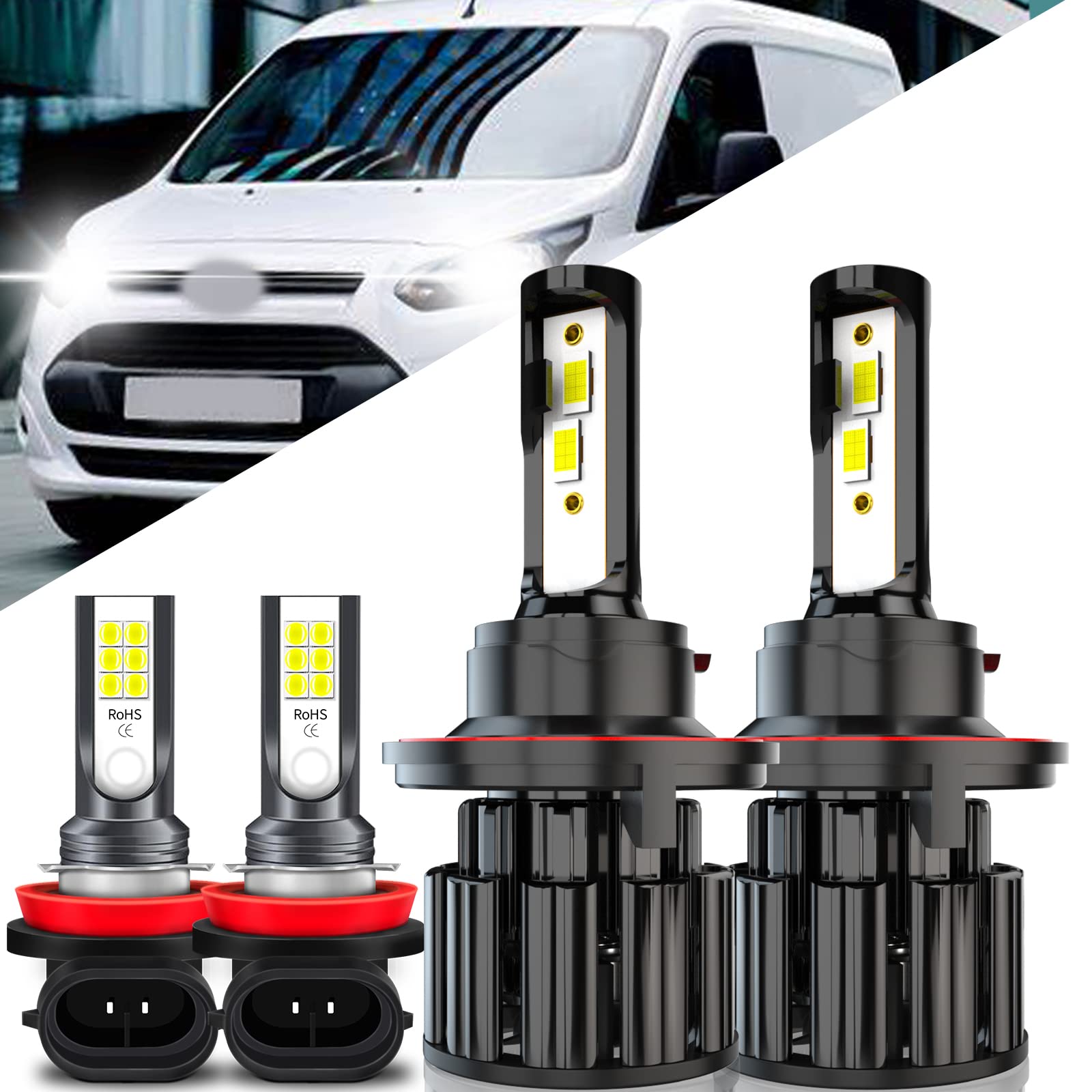 Ford Transit Connect 2010-2013 LED Headlight Bulbs Kit - 9008 High/Low Beam & H11 Fog Light Bulbs - 60W 10000LM 6000K White Super Bright - IP67 Waterproof - Plug and Play (4 Pack) - Perfect for Night Driving & Off-Road Adventures