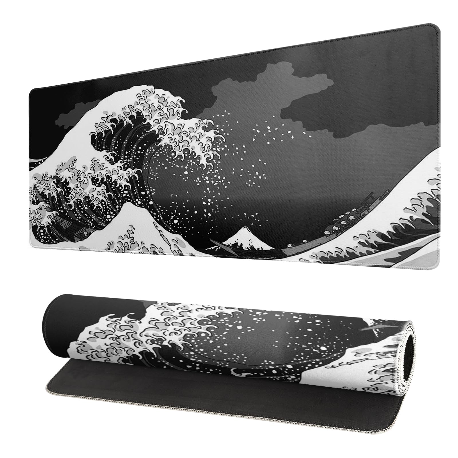 Premium Japanese Black Sea Wave Design Mouse Pad - Extra Large 31.5x11.8 Inch Gaming Mouse Mat with Non-Slip Rubber Base & Stitched Edges - Kanagawa Inspired XL Desk Mat for Keyboard & Mouse - Perfect for Home Office, PC Gaming, and Workstation Setup