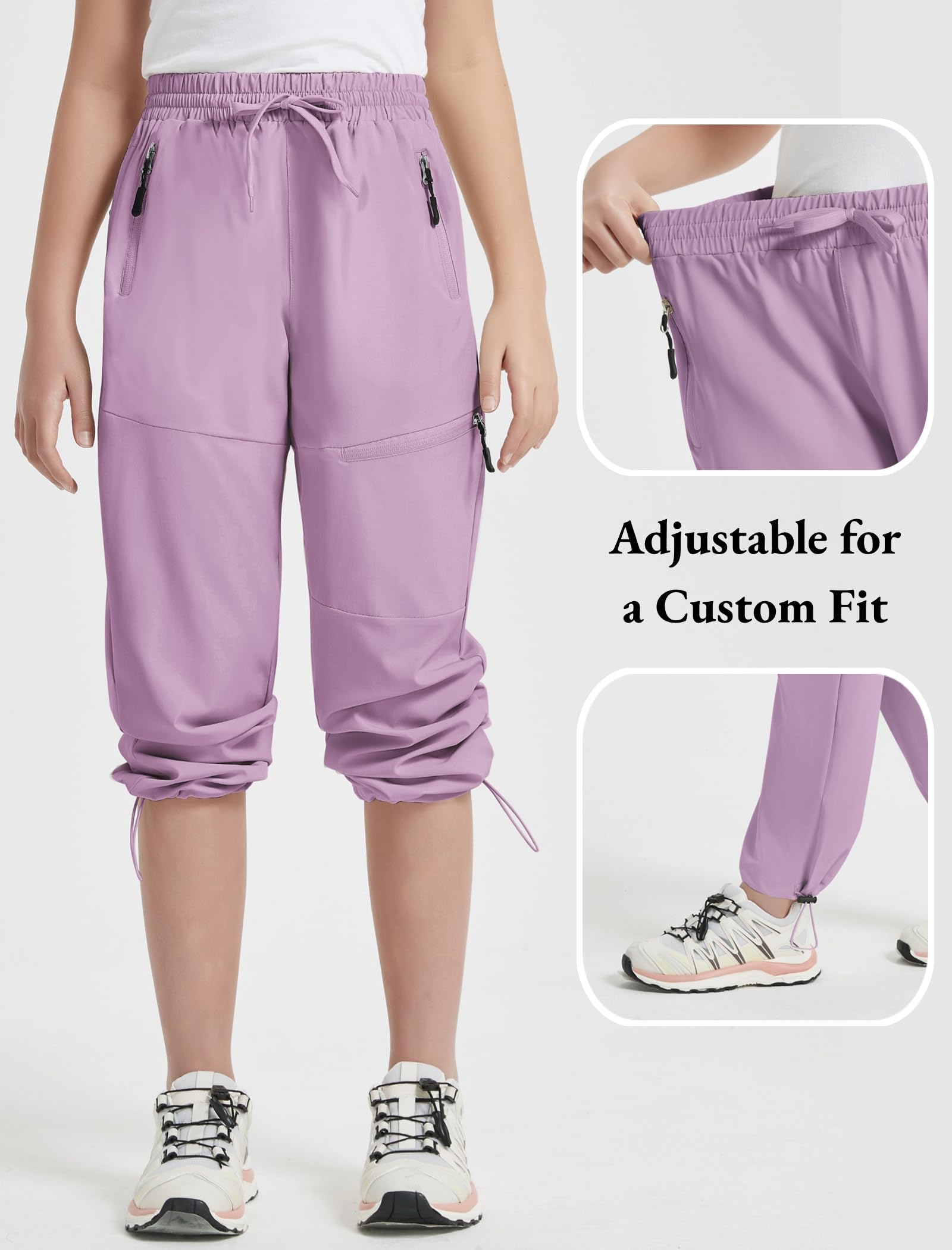 **EXARUS Girls Water Resistant Joggers - Quick Dry Hiking Pants for Kids, High Waisted Athletic Pants with Zip Pockets, Lightweight & Comfortable for Outdoor Activities (Ages 6-14Y) - Perfect for Hiking, Running & School Sports**