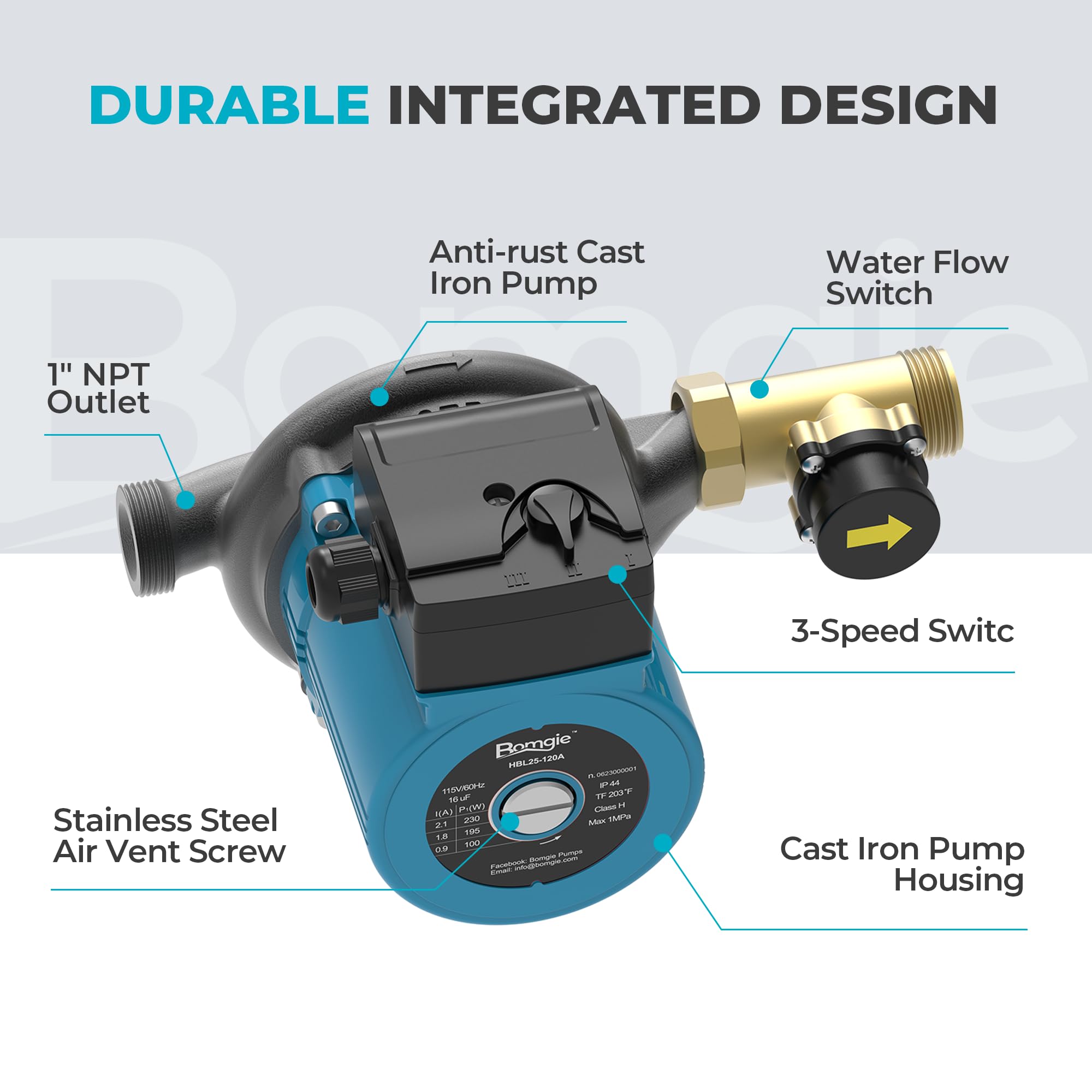 3-Speed Hot Water Recirculating Pump 115V 270W, 58.3LPM Cast Iron Circulation Pump for Instant Water Heater with Adapter - Automatic Brass Water Flow Switch - Perfect for Heated Flooring Systems & Home Plumbing - Save Energy & Reduce Water Waste